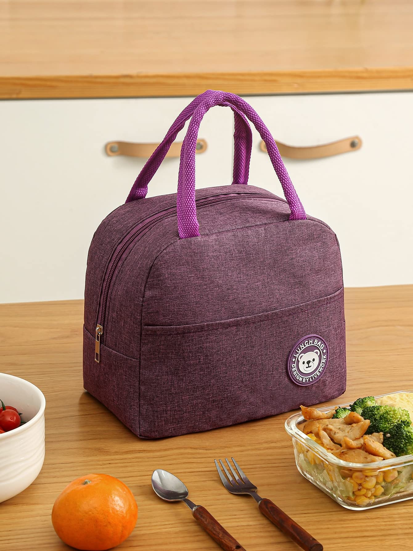 WERTYT Insulated Lunch Bag with Cartoon Bear Design - Purple One-Size Storage Bins for School, Office & Picnic - Thermal Food Container for Kids & Adults - BPA-Free & Leak-Proof Organization Solution