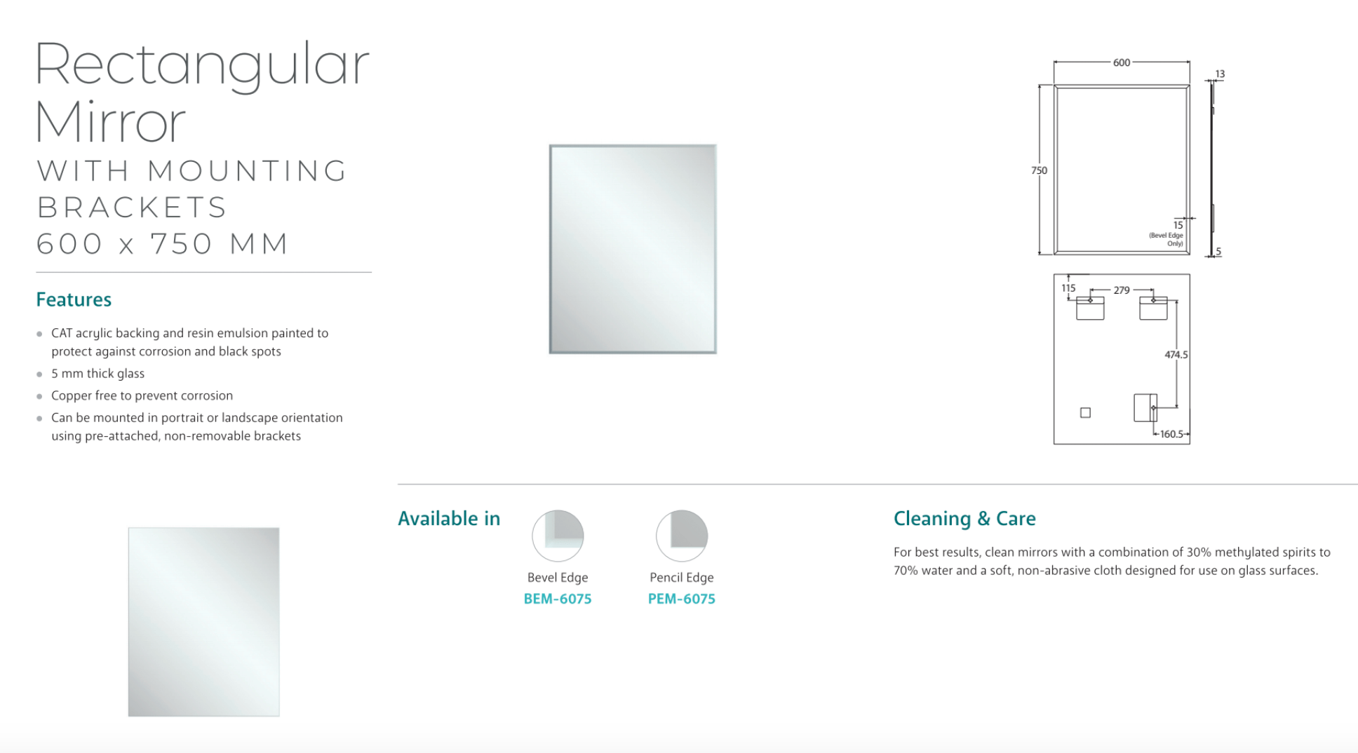 Fienza BEM 6075 Beveled Edge Rectangular Mirror - 23.6 x 29.5 Inches (600 x 750mm) - Modern Wall Mirror for Bathroom, Bedroom, and Living Room Decor