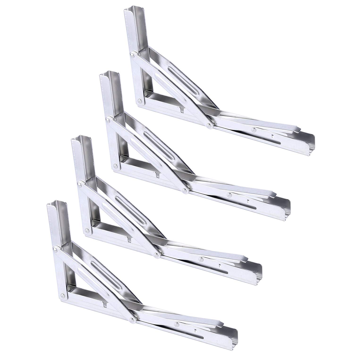 Heavy Duty Stainless Steel Folding Shelf Bracket 4-Pack - 550lb Weight Capacity, Polished Finish, Long Release Arm - Perfect for Garage Shelving, Workbench Support, Outdoor Tables & DIY Projects