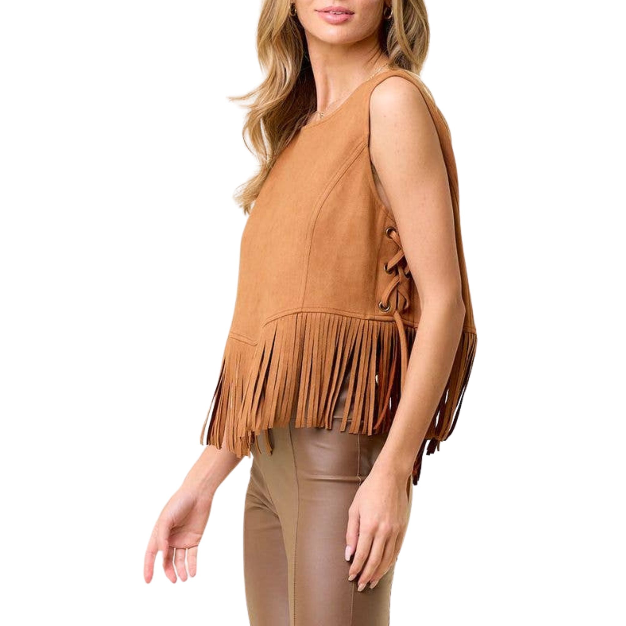 Camel Side Lace Up Fringed Top - Bohemian Chic Women's Blouse for Casual Wear & Festival Outfits