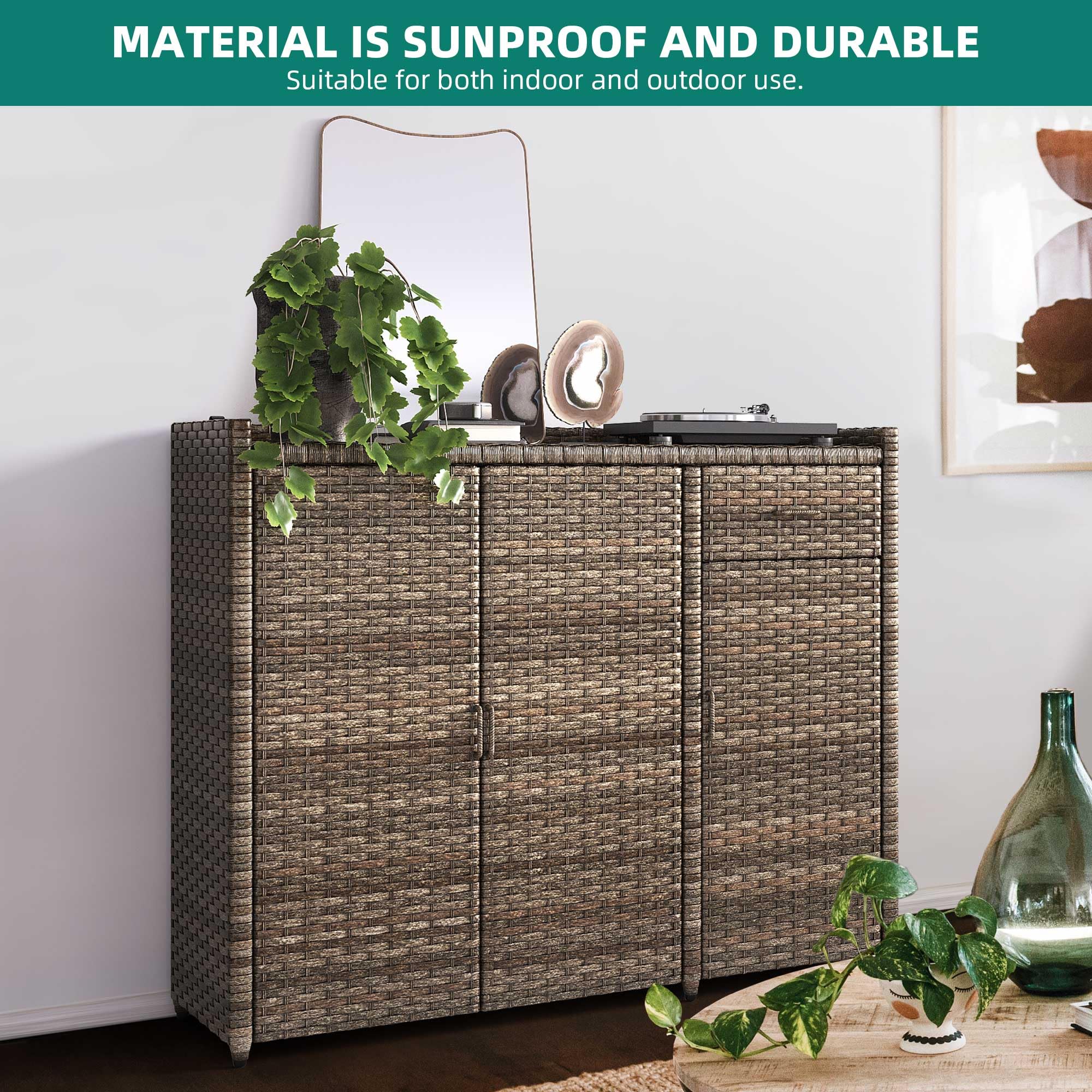 YITAHOME Outdoor Storage Cabinet - Weatherproof Rattan Bar Table with 2 Doors, Adjustable Shelves & Foldable Drawer - Wicker Patio Storage Box for Cushions, Pool & Garden Tools - Brown - Perfect for Backyard, Deck, and Poolside Organization