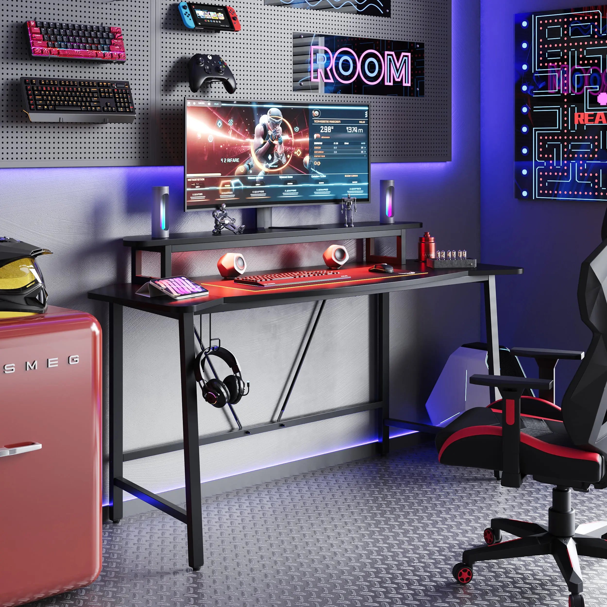 Bestier 63 Inch LED Gaming Desk with Monitor Stand & Headphone Hook - Ergonomic Computer Desk for PC Gaming Setup, Home Office & Streaming Station