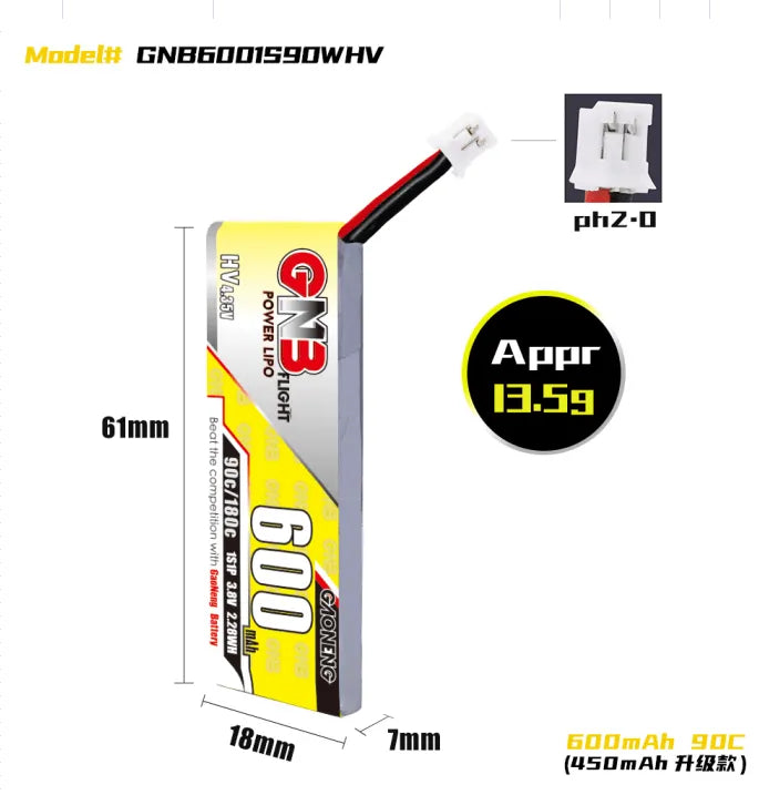 GNB/GAONENG 600mAh 3.8V 1S 90C Lipo Battery with PH2.0 Connector (6-Pack) - High-Performance RC Drone, Quadcopter & Mini Racing Car Battery for Long Flight Time