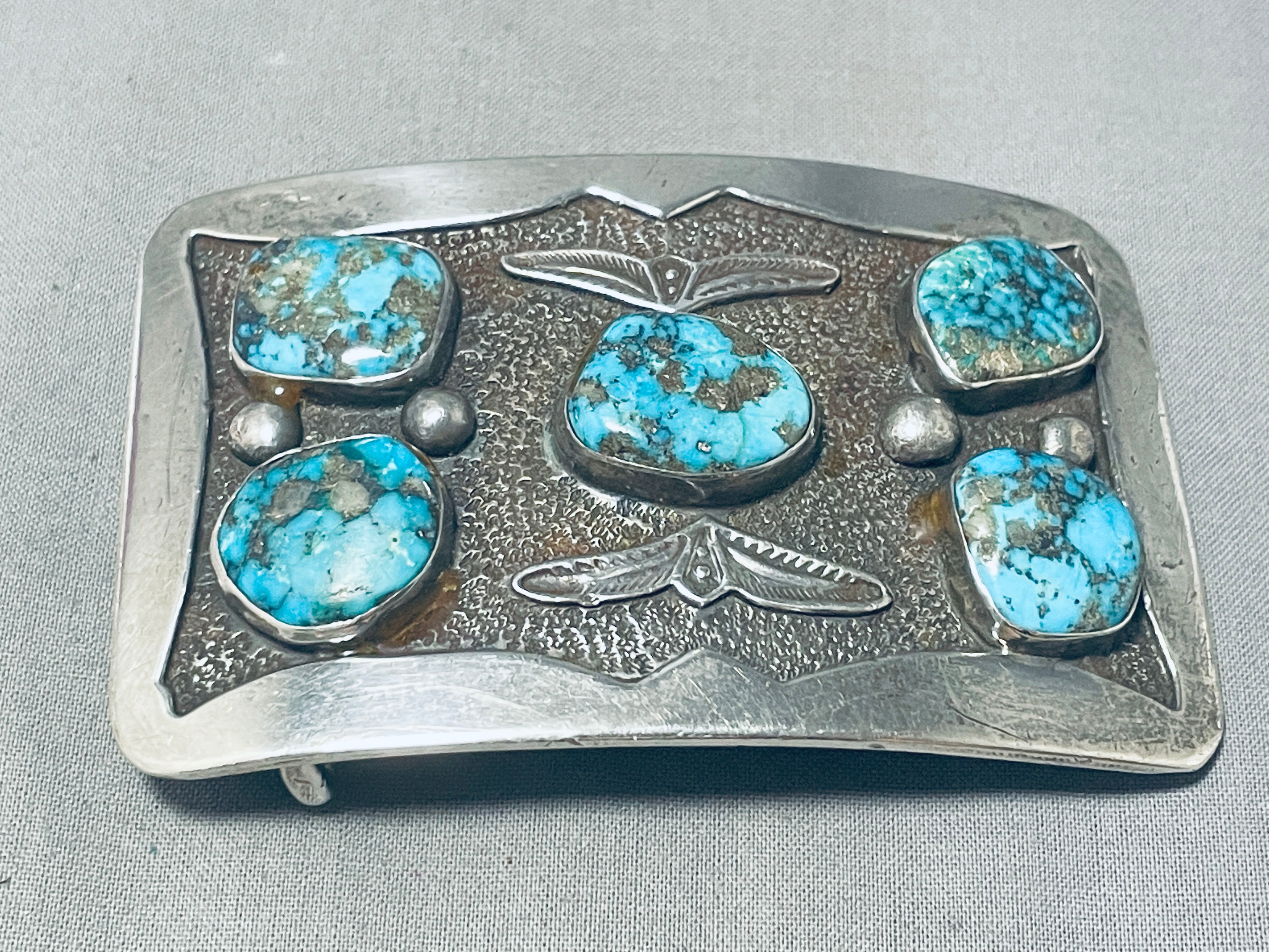 100 Gram Vintage Native American Navajo Pilot Mountain Turquoise Sterling Silver Buckle - Handcrafted Jewelry for Western Fashion & Boho Style