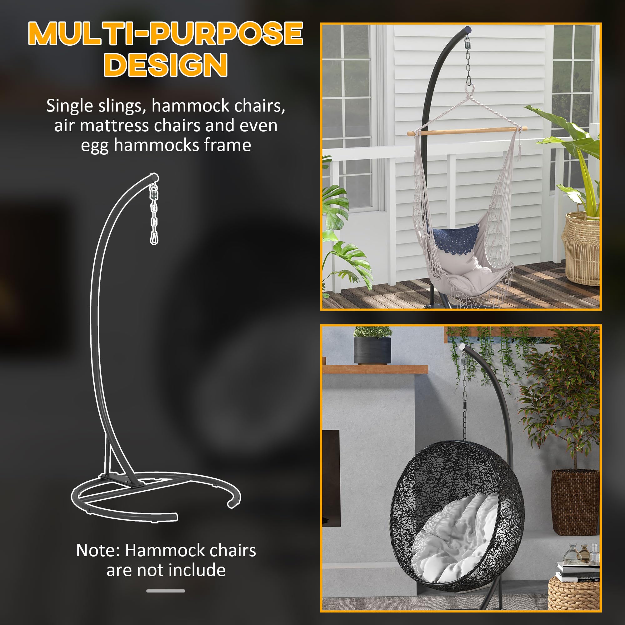 Outsunny Black Hanging Hammock Chair Stand with Round Base - Sturdy Frame for Hammock Chairs, Egg Chairs & Porch Swings - Indoor/Outdoor Use for Patio, Garden, Balcony & Living Room Relaxation