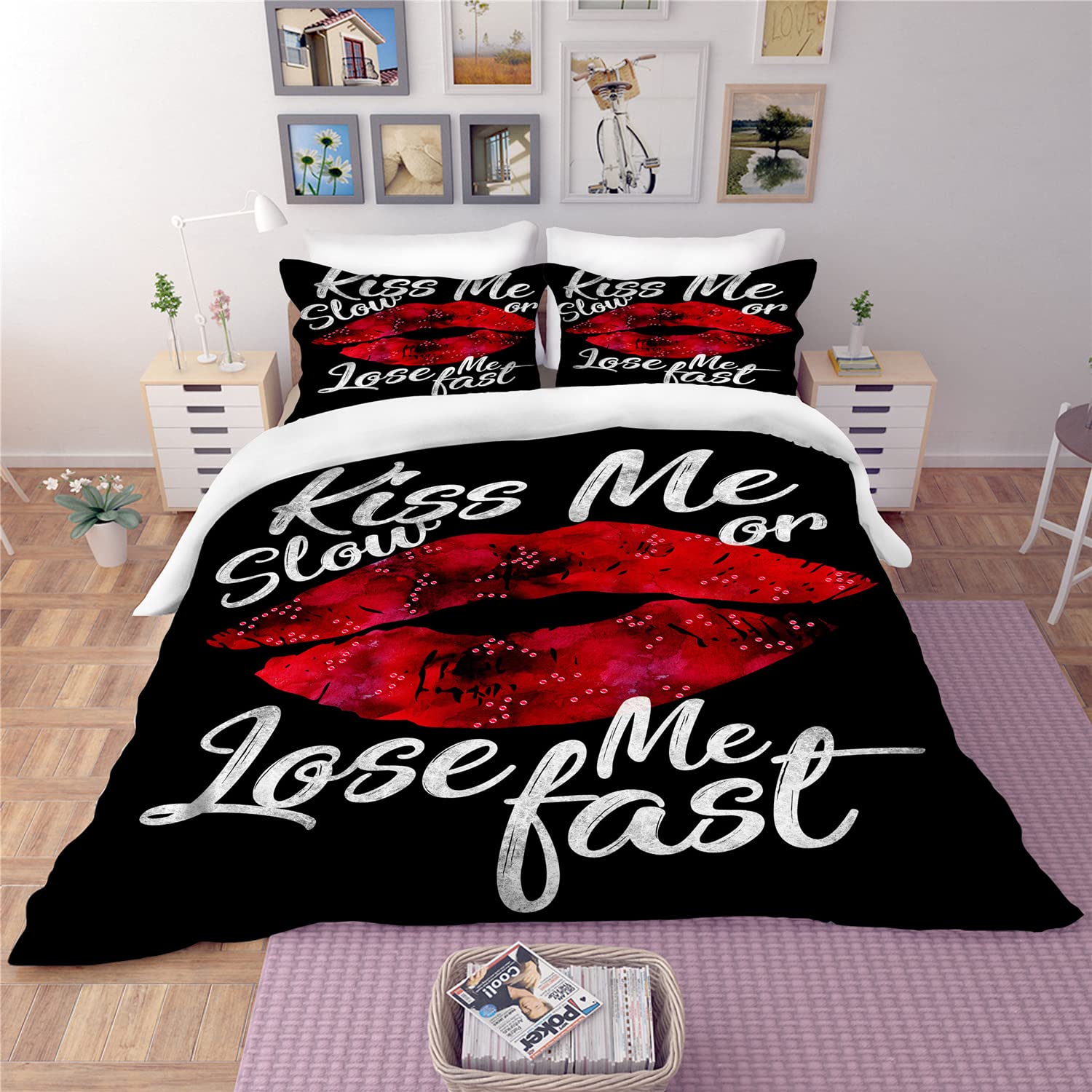 Romantic 3D Printed Kiss Imprint Duvet Cover Set - Twin/Full/Queen/King Size Bedding with Pillowcases - Adorable Red Love Theme for Couples Gift (4-Piece King Size) - Perfect for Valentine's Day, Anniversary & Romantic Bedroom Decor