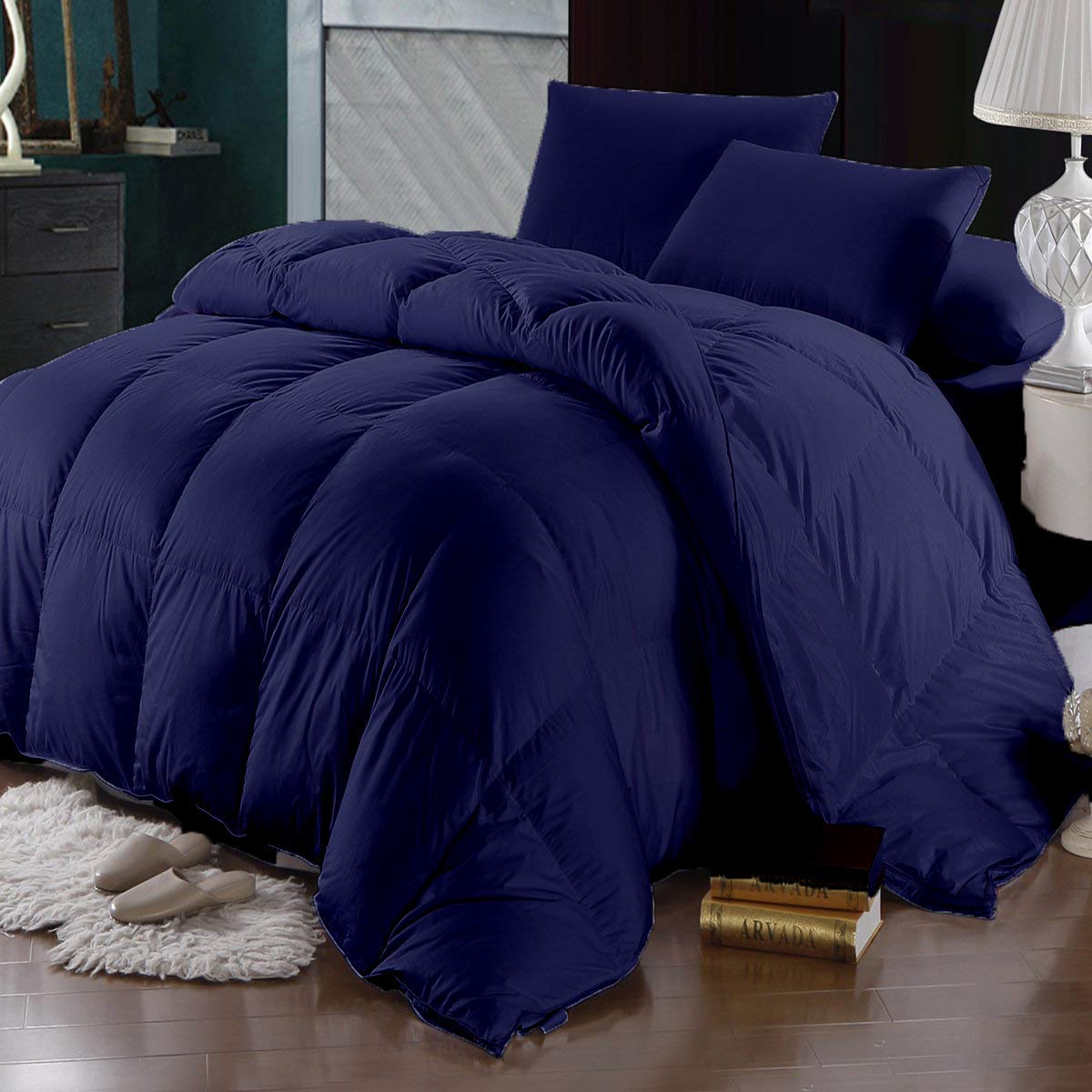Premium 100% Cotton 500 GSM Down Alternative Comforter Set with Corner Tabs - King/Cal-King Size Winter Warm Fluffy Soft Quilted Bedding (3-Piece Navy Blue) | Perfect for Cozy Bedrooms, Guest Rooms & Cold Weather Comfort