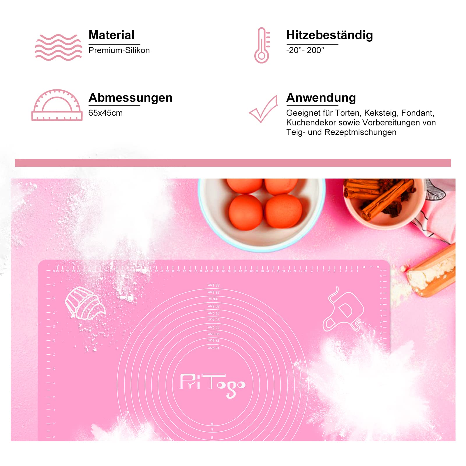 Pritogo Non-Stick Silicone Baking Mat with Measurement Scale (65 x 45 cm) - Extra Stable Non-Slip Dough Rolling Mat for Cookies, Pastry & Pizza Making - Perfect for Home Baking & Kitchen Use