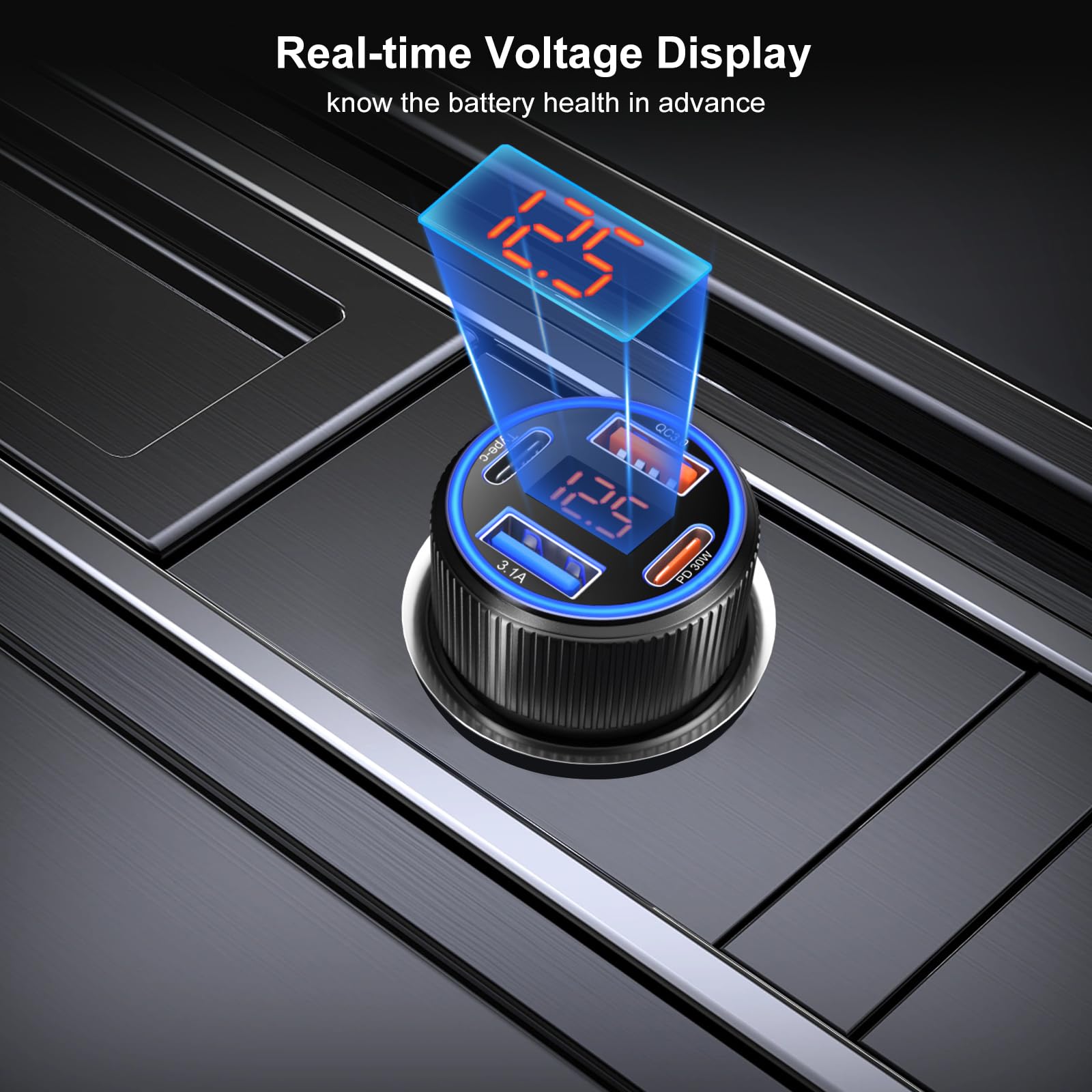 Besgoods 4-Port USB C Car Charger with Voltmeter & Retractable Cable - Fast Charging for iPhone 16/15 Pro Max, Galaxy S24/A15 & Android Devices (2-Pack) - Perfect for Road Trips, Commuting & Multi-Device Charging