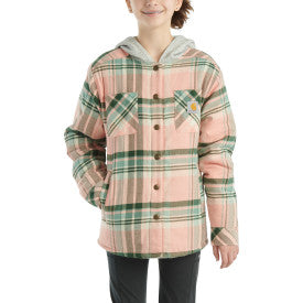 Youth Girls Long Sleeve Flannel Snap Front Hooded Shirt Jacket - Soft & Warm Peach Amber Plaid - Perfect for School, Outdoor Activities & Casual Wear