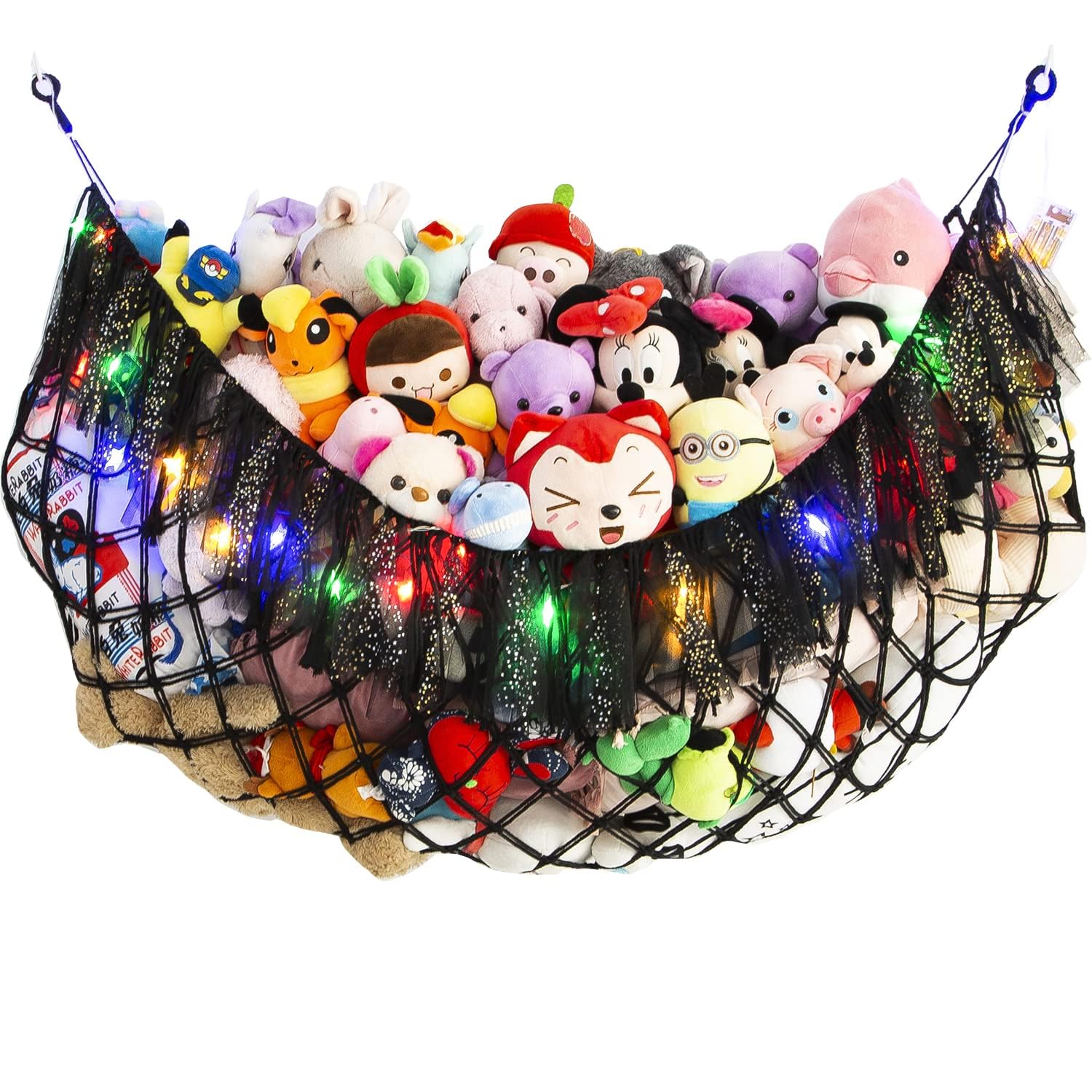 Large Stuffed Animal Hammock with LED Lights - Wall Mounted Plush Toy Organizer for Squishmallows, Boho Macrame Corner Hanging Net - Nursery, Bedroom & Playroom Storage Decor (Black) - Perfect for Kids' Room Organization & Cozy Plushie Display