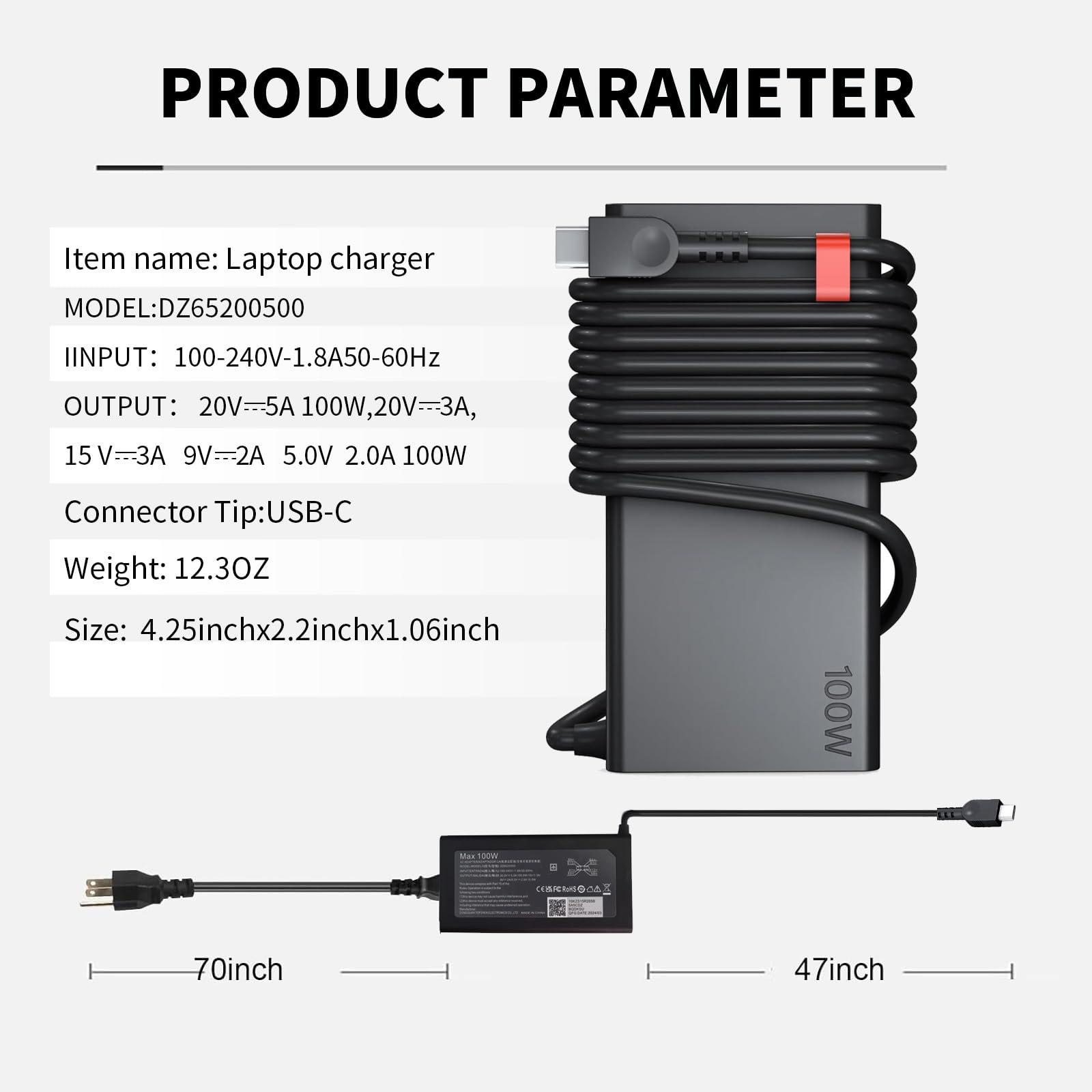 100W USB C Fast Charger for Lenovo Yoga Slim 9/9i/7i, Legion Y9000/R9000/R7000P, ThinkBook 14/16, Neo 14 - Compatible with ADL100YCC3A, ADL100YDC3A, ADL100YLC3A, ADLX65YDC2A - Laptop Power Adapter with USB Type-C - Perfect for Home, Office & Travel Charging