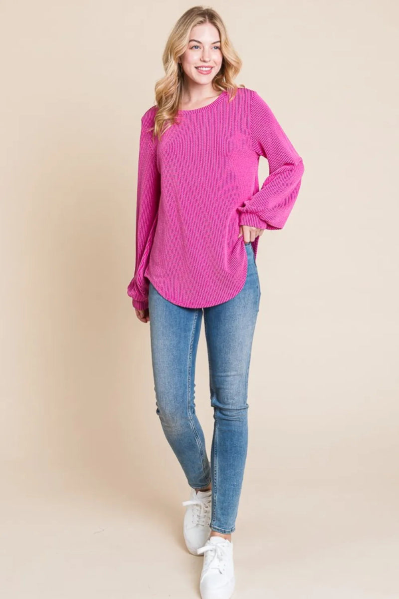 BOMBOM Women's Long Sleeve Ribbed T-Shirt with Curved Hem - Casual Stretch Fit Top for Everyday Wear, Work & Date Night Outfits