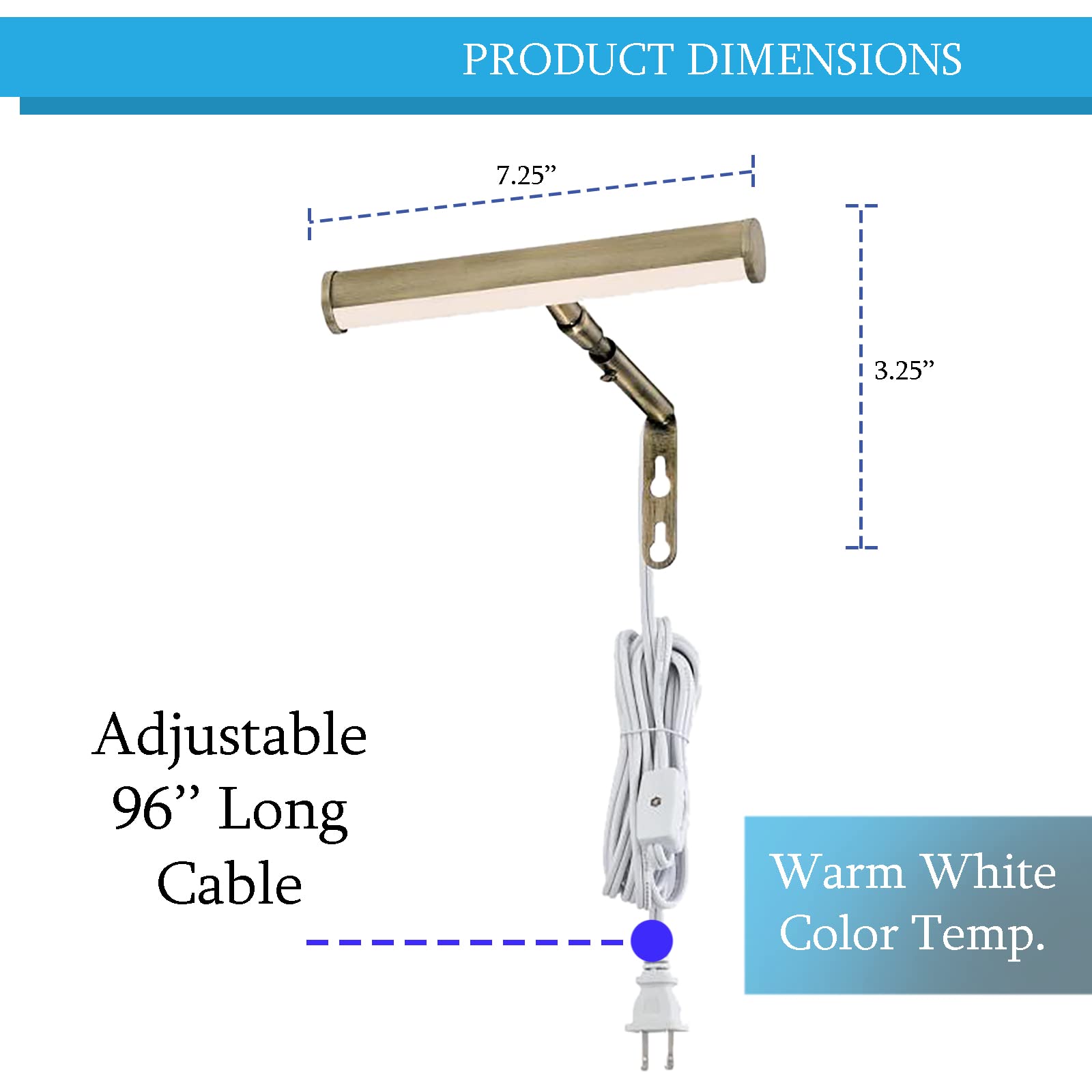 Ciata 7-Inch LED Picture Light for Wall Art - 3000K Warm White, 2W Adjustable Metal Frame Light with In-Line On/Off Switch, CRI-90, Antique Brass - Perfect for Gallery, Museum & Home Decor Lighting