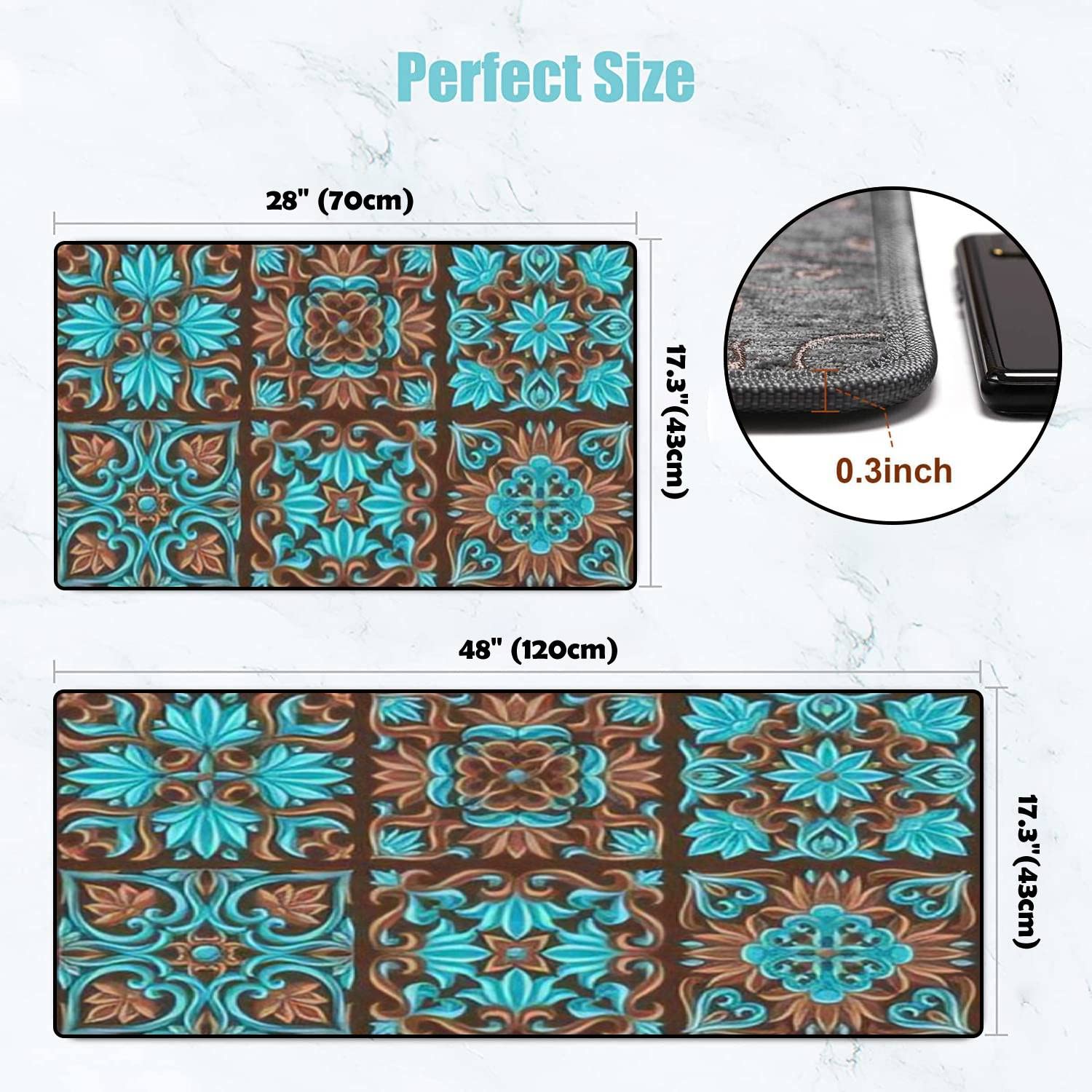 Italian Ceramic Tile Kitchen Rugs Set - Non-Slip Washable Floor Mats for Kitchen & Bath Decor