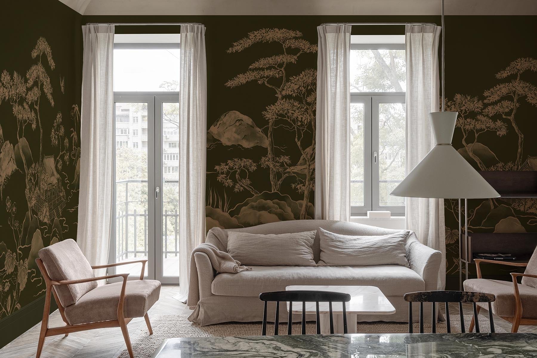 Asian Scenery Olive Green Wall Art Canvas Print - Nature Landscape Painting for Living Room, Bedroom & Office Decor