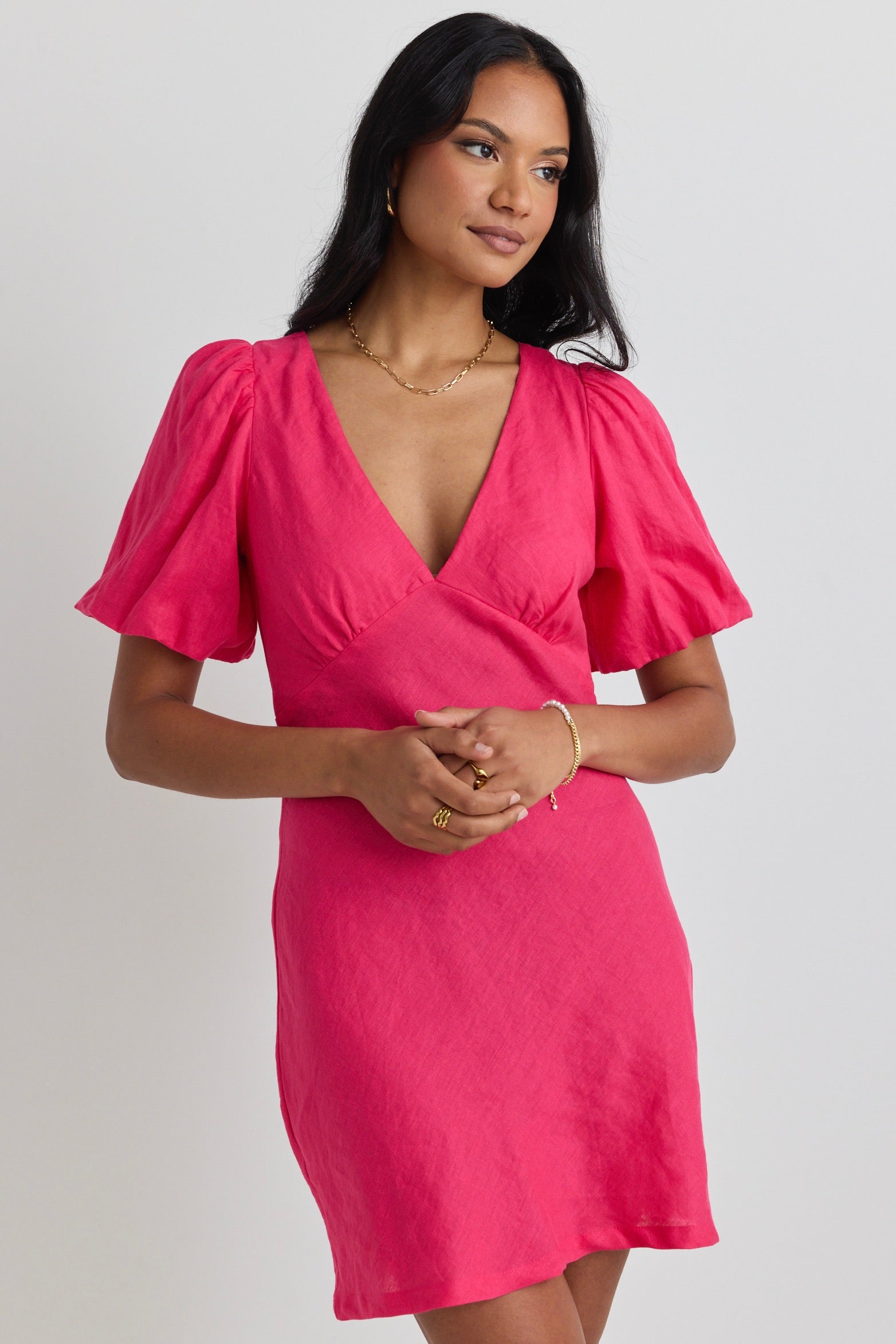 Amour Hot Pink Linen Bubble Sleeve Mini Dress - Summer Casual Party Dress for Women, Perfect for Beach Vacation, Date Night & Cocktail Parties