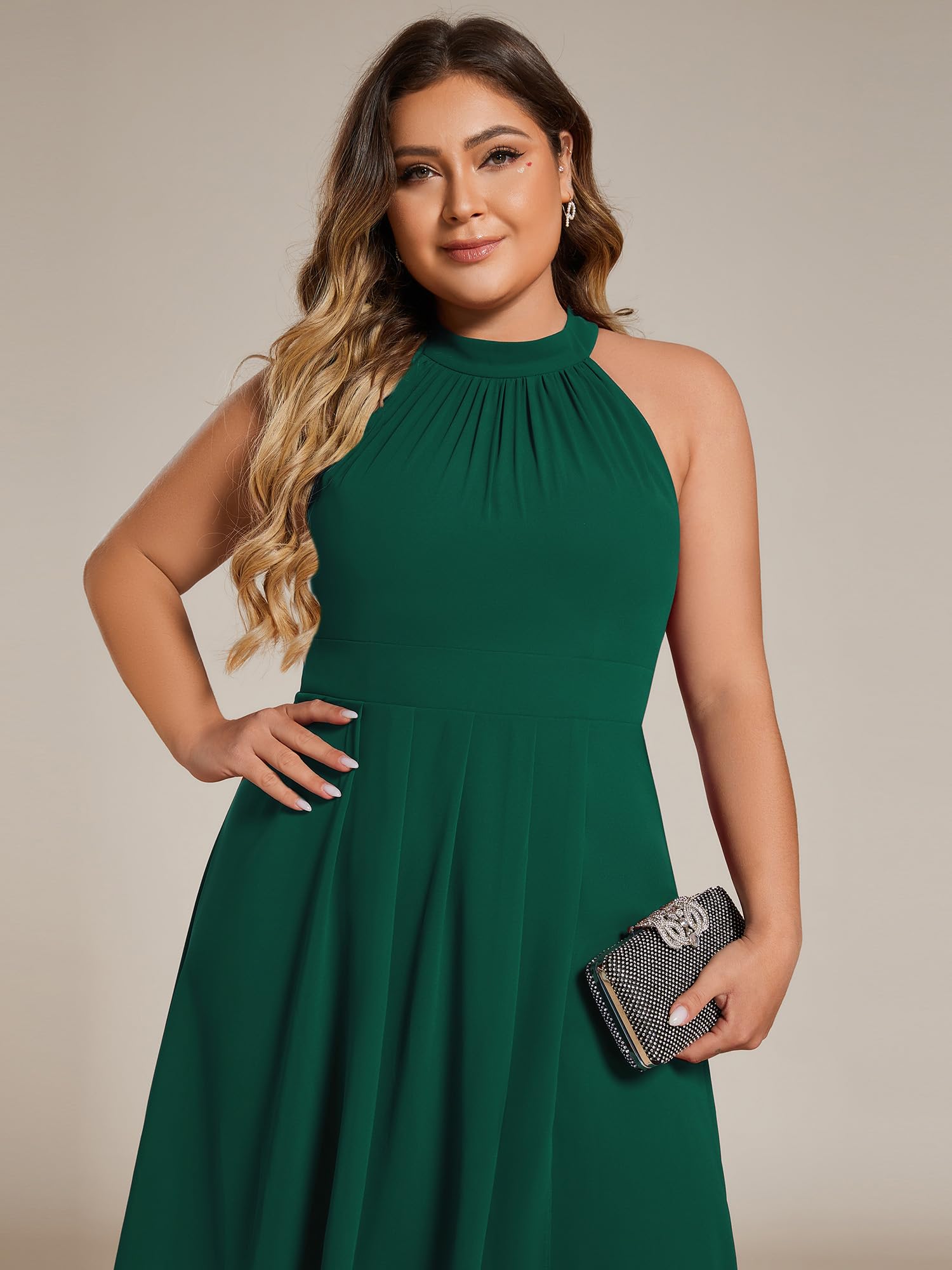 Ever-Pretty Plus Size Women's Sleeveless Halter A-Line Pleated High-Low Wedding Guest Dress 31926-DA | Elegant Formal Occasion & Special Event Attire