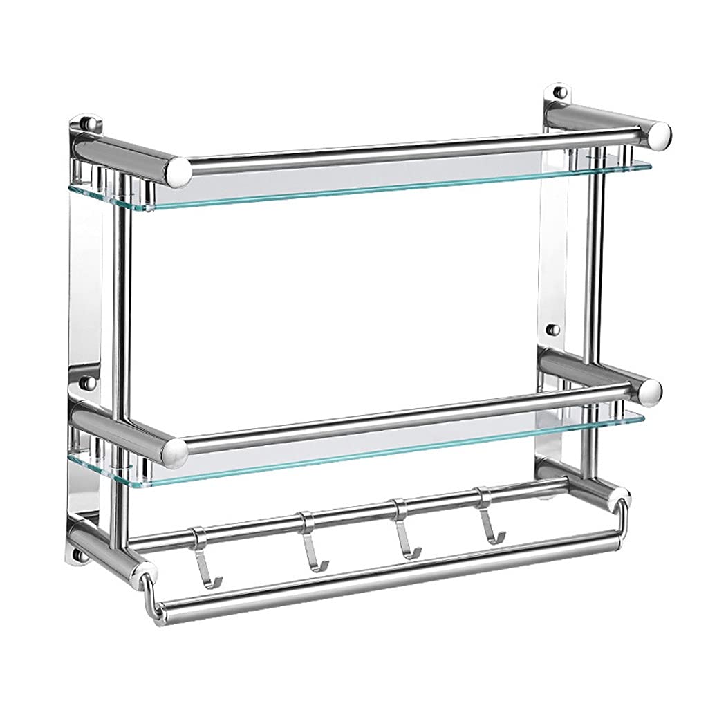 2-Tier Adhesive Bathroom Glass Shelf with Towel Bar & Hooks - No Drill Shower Caddy Storage Organizer for Bathroom & Kitchen - Heavy Duty Aluminum (60x37x15cm) - Perfect for Small Spaces & Rental Homes