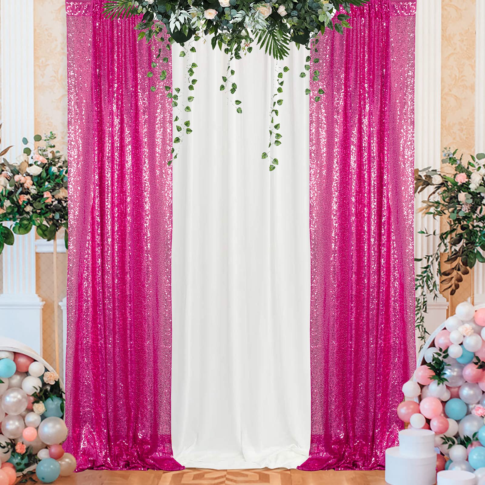 ShinyBeauty 4x10ft Fuchsia Sequin Backdrop - Glitter Curtains for Wedding & Party Decor