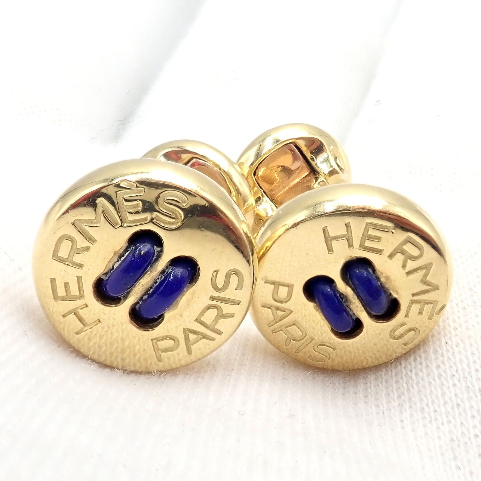 Vintage Authentic Hermes Paris 18k Yellow Gold Men's Lapis Button Cufflinks - Luxury Collectible Jewelry for Formal Events & Gifts