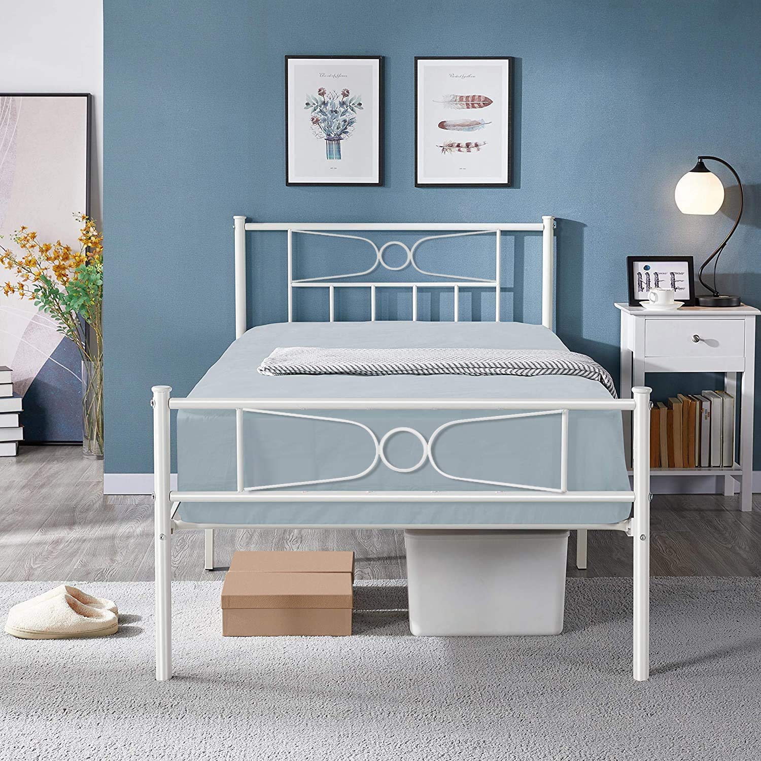 White Twin Bed Frame with Storage for Girls & Boys - Sturdy Metal Platform Bed with Headboard & Footboard, No Box Spring Needed - Perfect for Teenagers, Students & Small Bedrooms