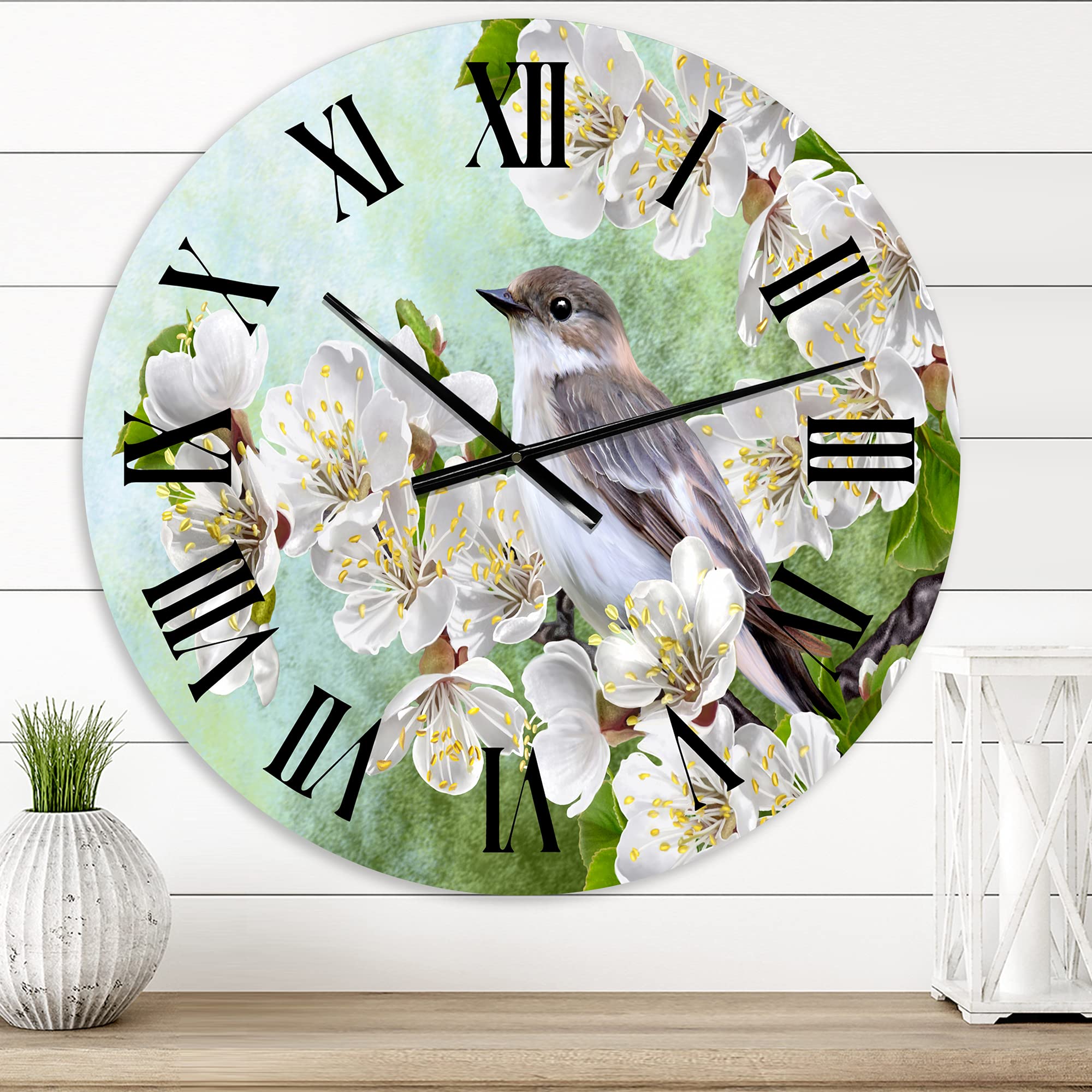 DesignQ Large Traditional Wall Clock - Gray Bird on Blossoming Tree Branch, Silent Non-Ticking, Perfect for Bedroom, Living Room & Office Decor (12/15/18 Inch)