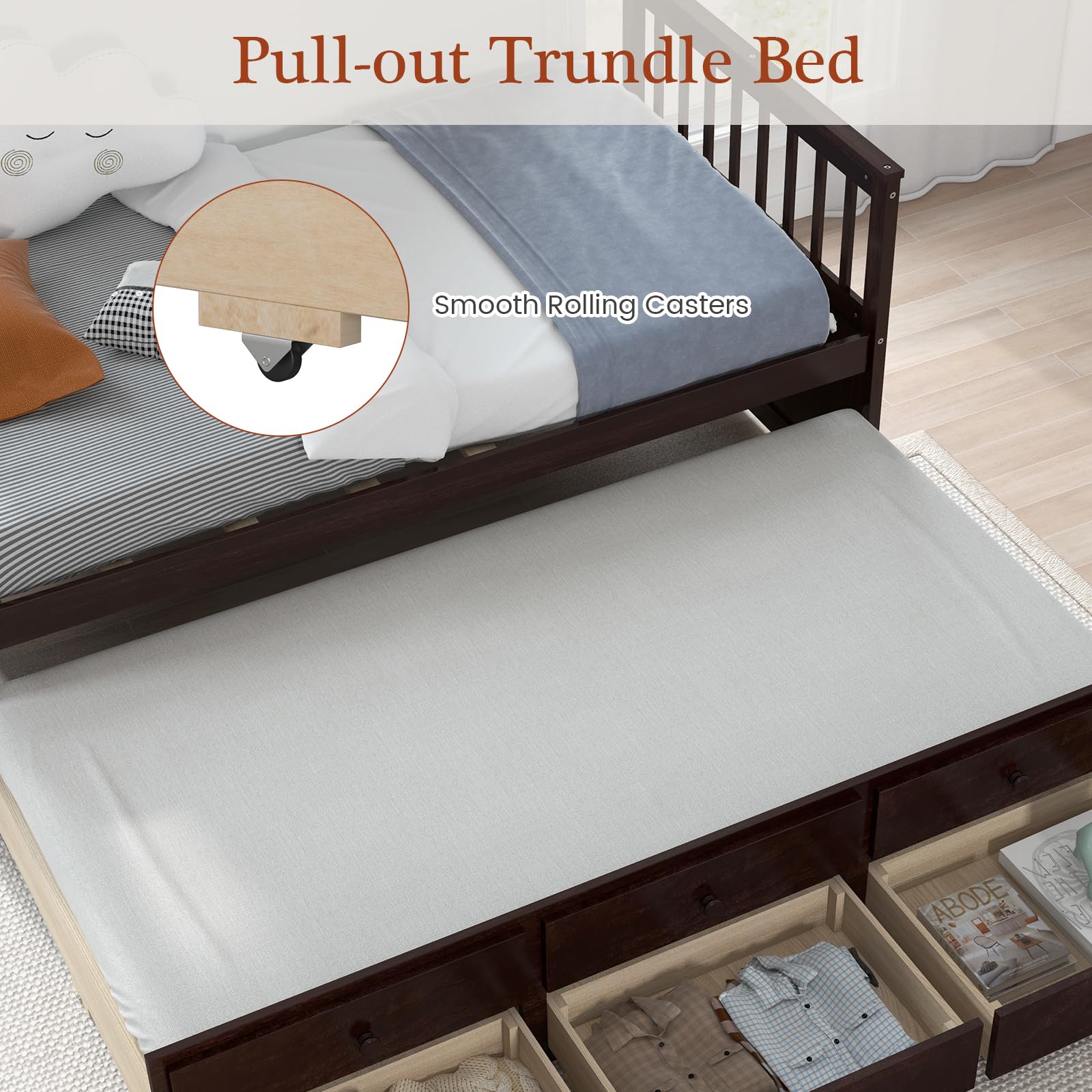 Giantex Twin Captain's Bed with Trundle - Wooden Daybed with 3 Storage Drawers for Kids, Teens & Adults - No Box Spring Needed - Espresso Finish - Perfect for Guest Rooms, Small Bedrooms & Dorm Rooms
