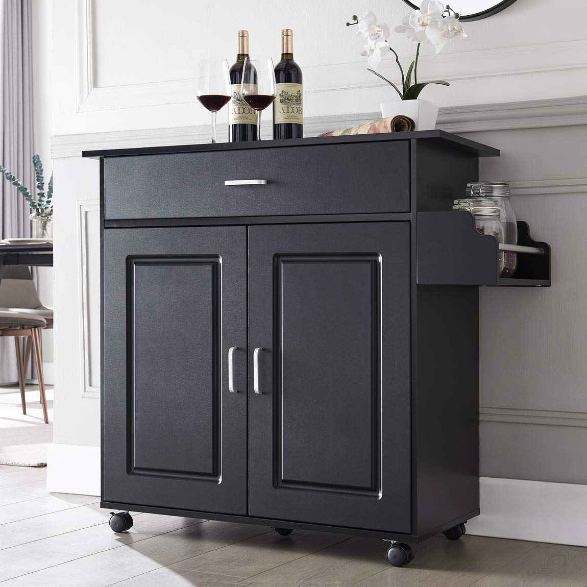 **Rolling Kitchen Island Cart with Wood Top & Storage - Mobile Buffet Cabinet with Drawers & Spice Rack for Small Kitchens & Dining Rooms (Black) - Perfect for Meal Prep, Extra Counter Space & Organized Cooking**