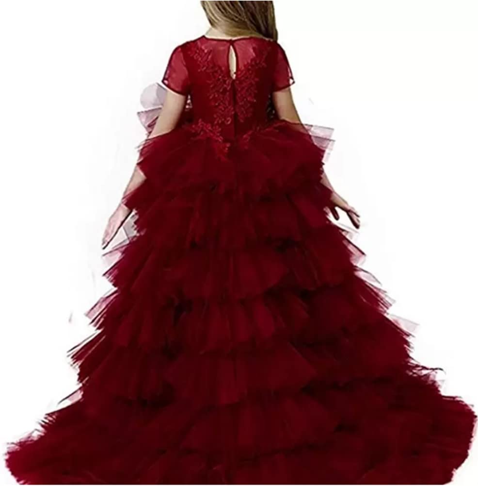 Honeydress Girls' Elegant High-Low Pageant Dress with Ruffles - Puffy Tulle Communion Gown for Kids in Burgundy (Size 11) | Perfect for Weddings, Baptisms & Special Occasions