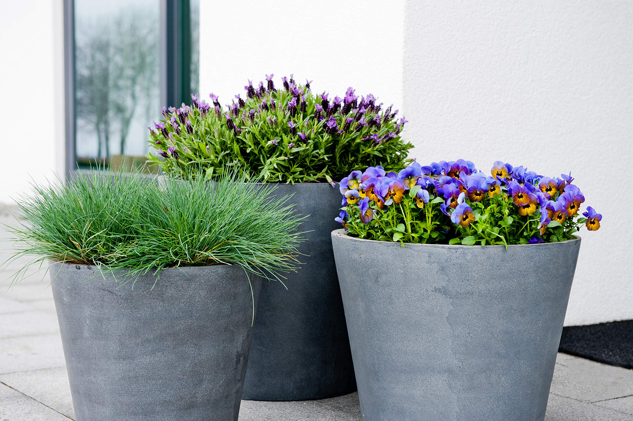 E1004-35-03 Modern Round Fiberstone Planter Pot - Small Grey Bucket Style Indoor/Outdoor Flower Pot for Home Decor, Garden & Patio Plants