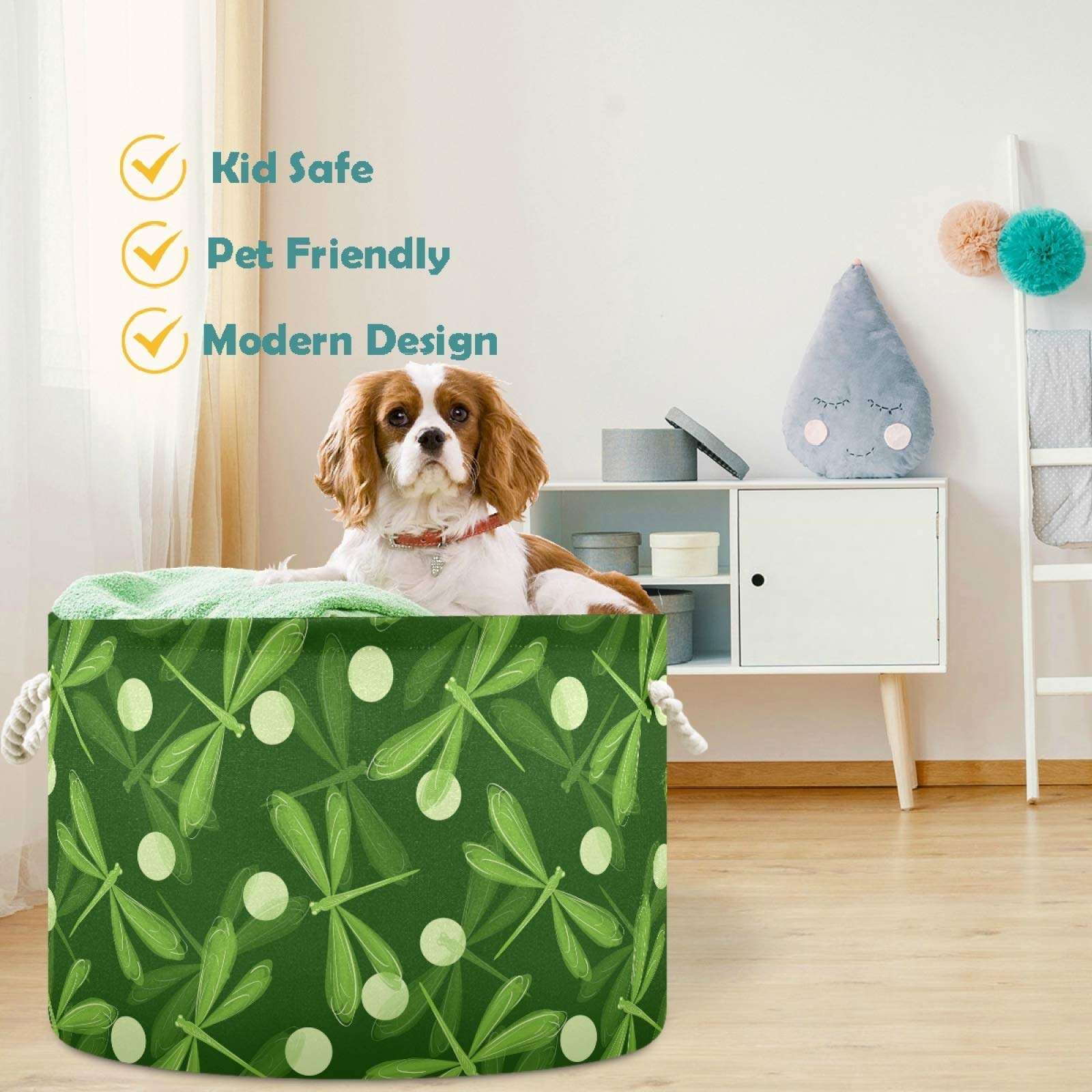 Visesunny Green Dragonfly Canvas Storage Basket - Waterproof Nursery Hamper, Toy Organizer Bin for Kids Room, Playroom, Shelves | Perfect for Laundry, Toys, Books & Gift Storage (12