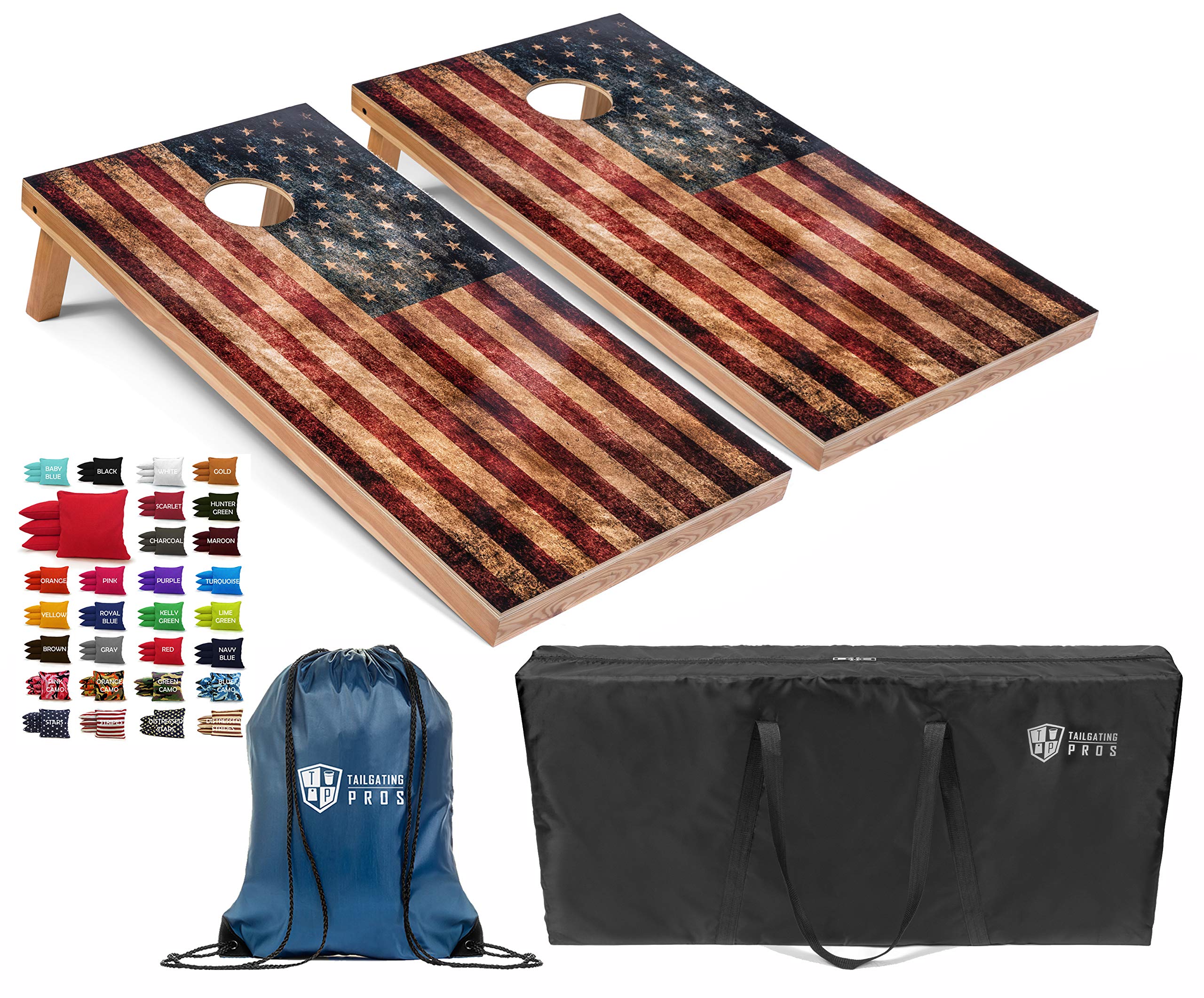 Rustic American Flag Cornhole Boards Set with LED Ring & Carrying Case – 4'x2' Distressed Wooden Cornhole Game with 8 Bean Bags – Perfect for Tailgating, Backyard Parties, and Outdoor Events