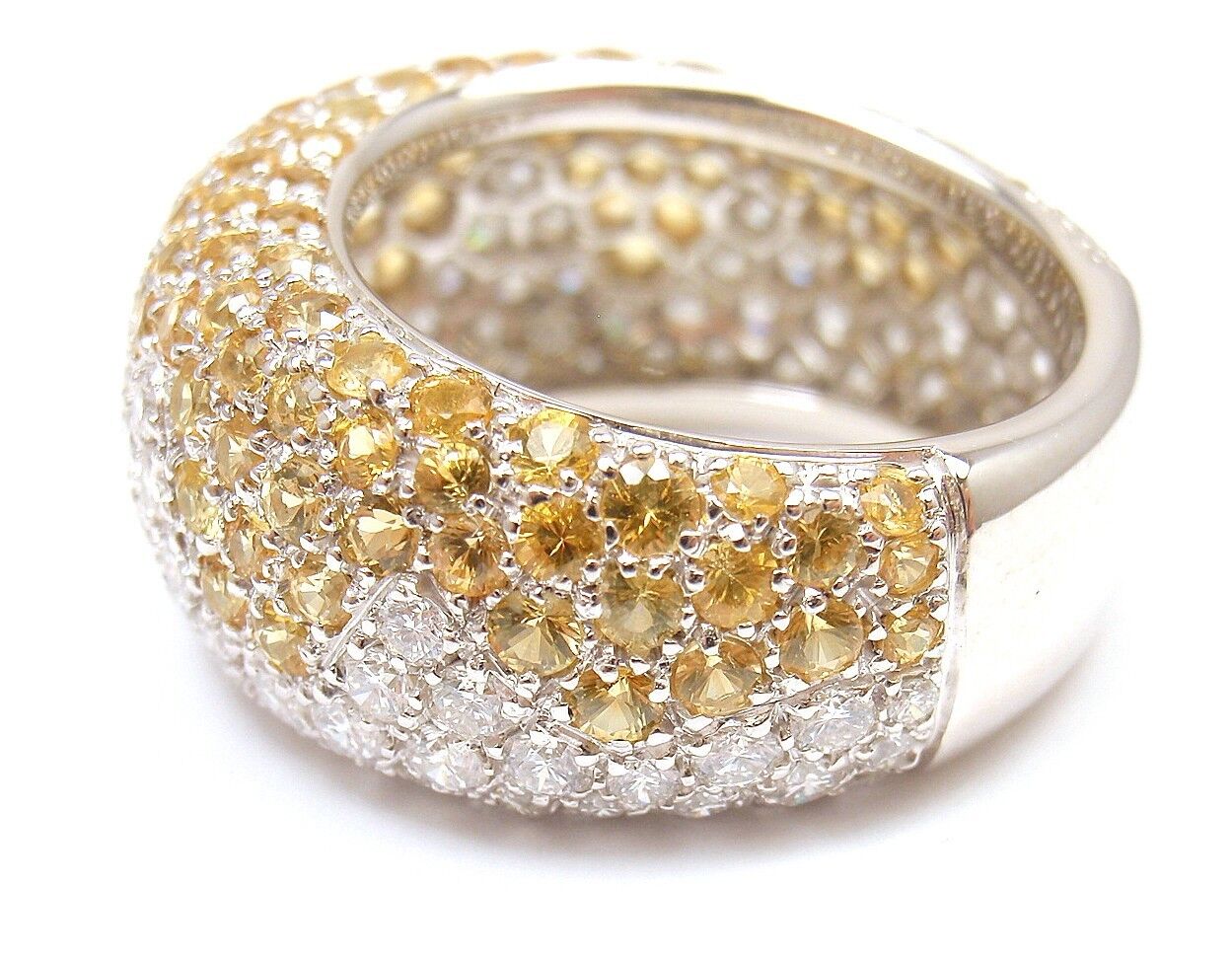 Authentic Chopard 18K White Gold Yellow Sapphire Diamond Wave Wide Band Ring for Women - Luxury Statement Jewelry for Weddings, Anniversaries & Special Occasions