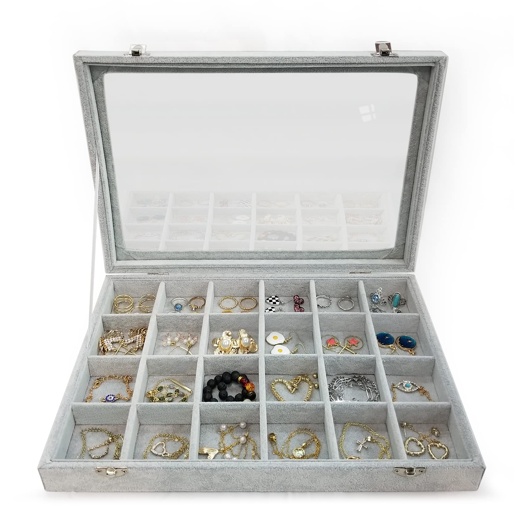 24 Grids Removable Jewelry Organizer Box with Ice Velvet & Clear Lid - Display Case for Earrings, Rings, Bracelets (Grey) | Perfect for Travel, Vanity & Gift Storage