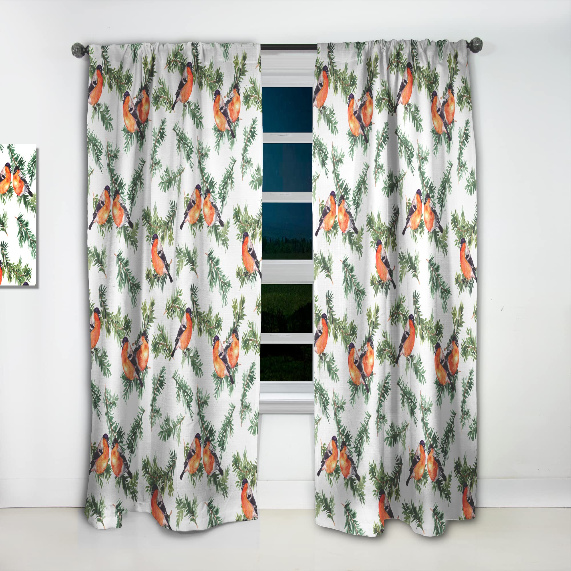 Thermal Insulated Single Panel Curtains - Robin Birds on Pine Branch Design (52x90) for Bedroom & Living Room - Blackout Drapes for Home Decor & Temperature Control