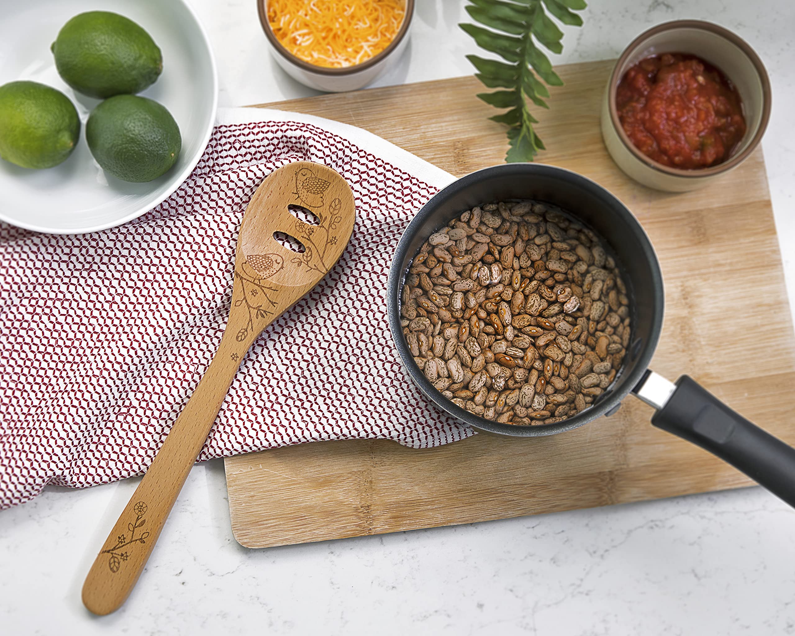 Laser Etched Beechwood Slotted Cooking Spoons - Handcrafted Wooden Utensils Set for Kitchen, Baking & Serving - Perfect for Cooking, Stirring & Food Presentation