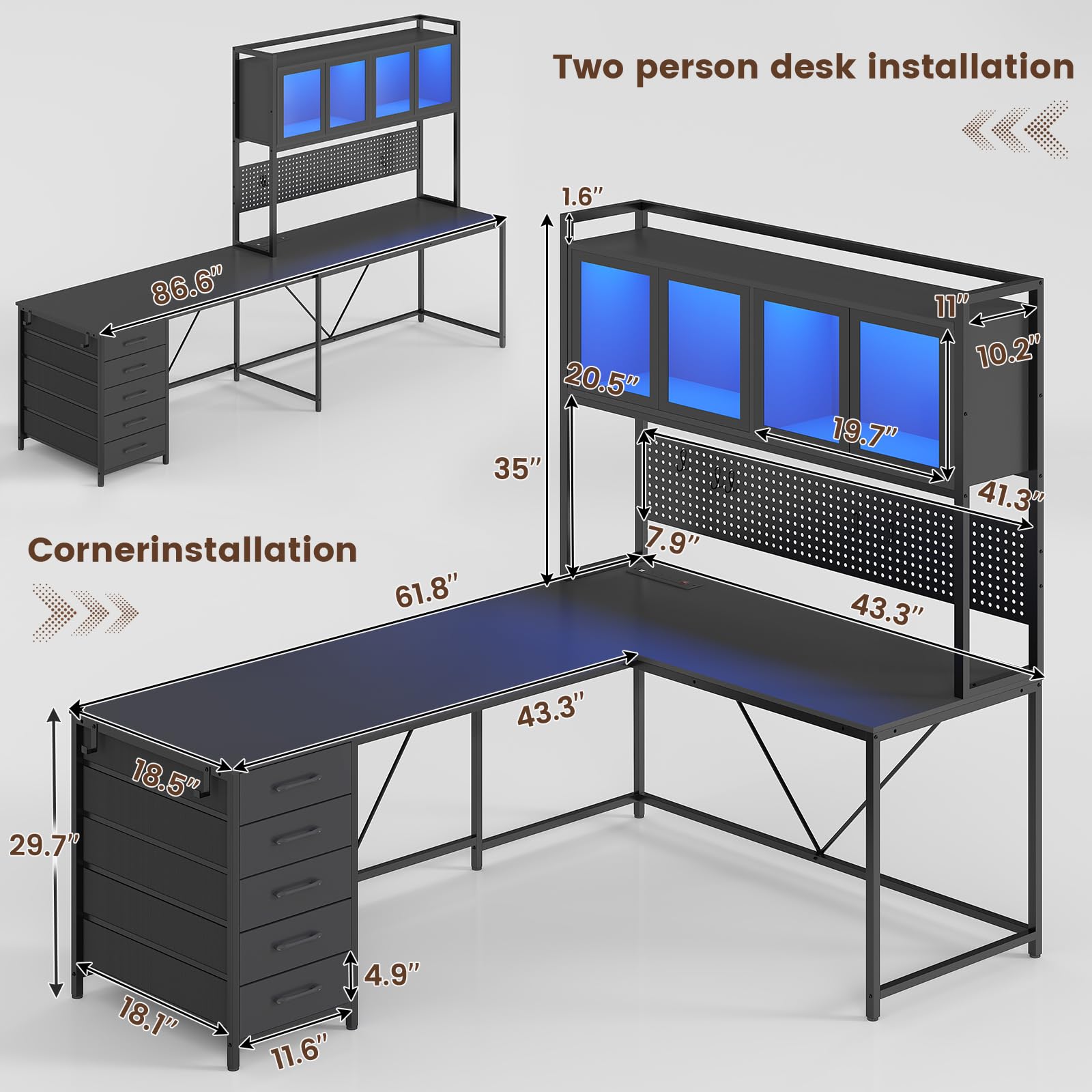 SEDETA L-Shaped Gaming Desk with Drawers, Hutch & Storage Shelves - Black Corner Computer Desk with Pegboard, LED Lights & Power Outlet for Home Office | Perfect for Gaming Setup, Workstation & Small Space Organization