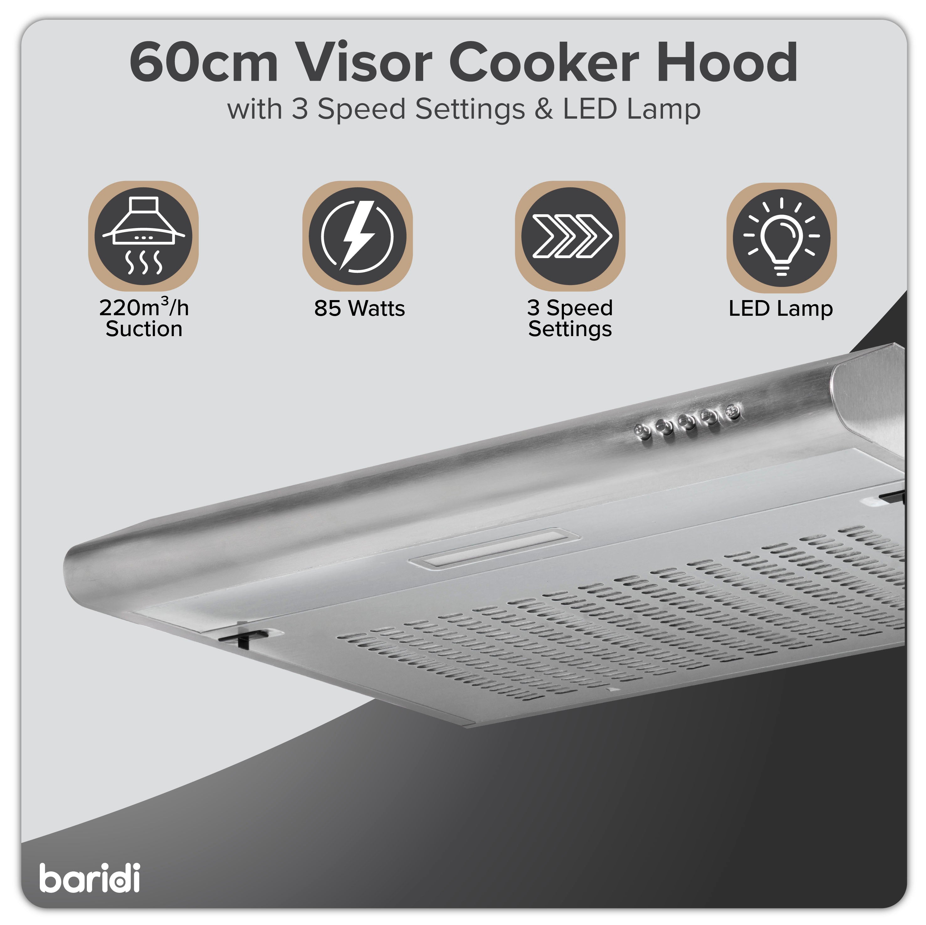 Baridi 60cm Under Cabinet Range Hood - Stainless Steel Kitchen Extractor Fan with Powerful Ventilation - Perfect for Small Kitchens, Apartments & Cooking Spaces (Model DH108)