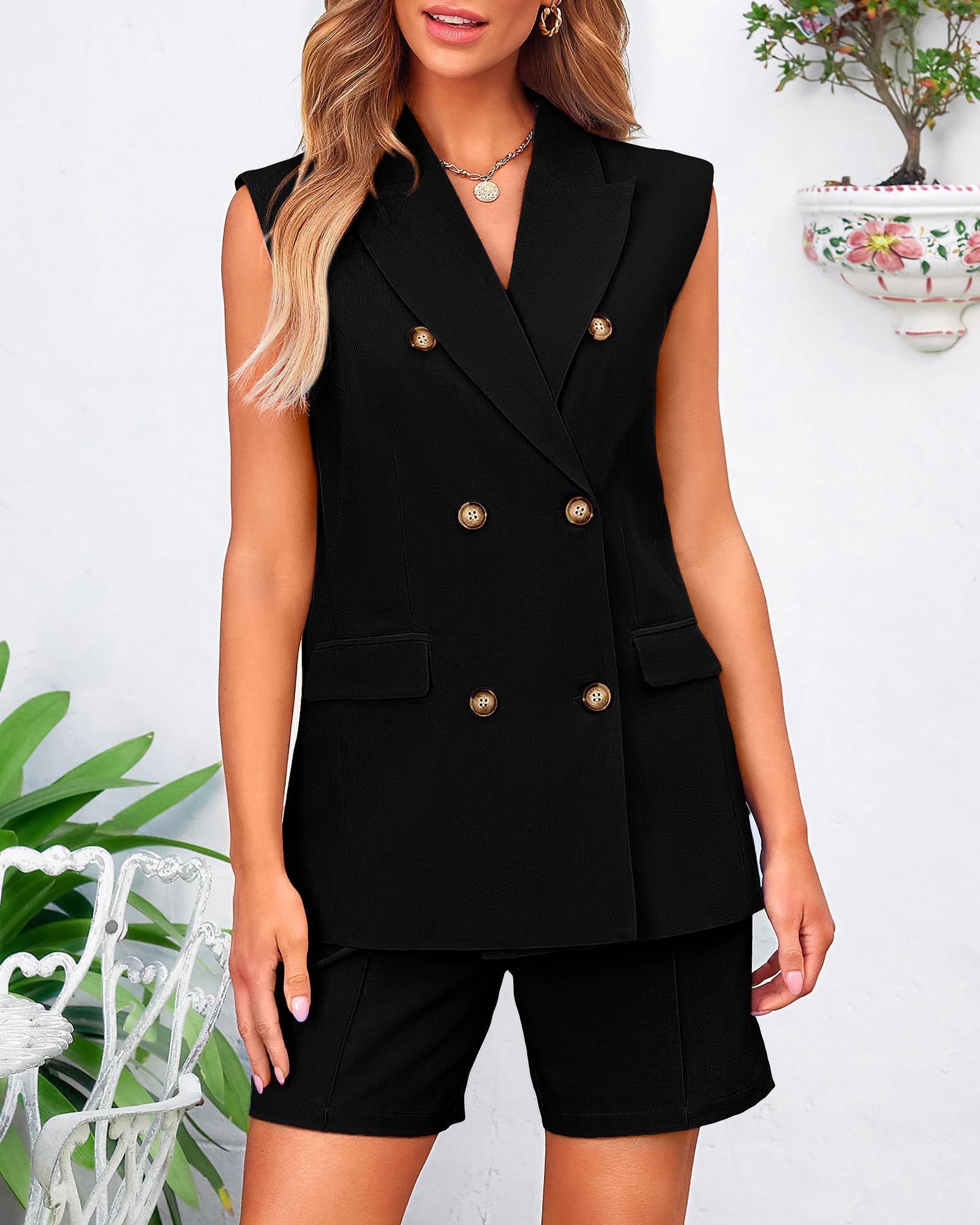 BTFBM Women's 2-Piece Blazer Vest & Shorts Set - Lapel Neck Sleeveless Button Down Office Outfit for Summer | Lounge Wear, Casual Matching Sets for Work & Vacation