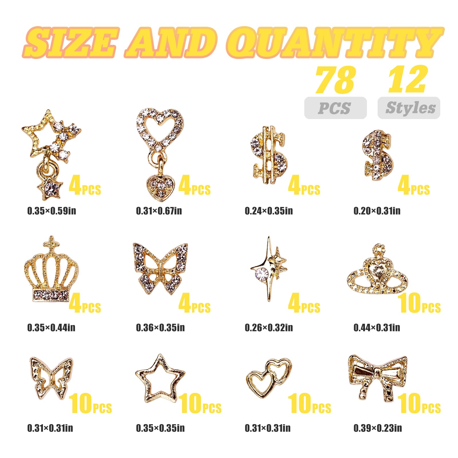 Anower 78Pcs Gold Nail Charms Kit - 12 Styles Alloy Nail Art Decorations with Butterfly, Crown, Hollow Planets & Star Charms - 3D Metal Nail Jewelry for Professional Nail Designs | Perfect for DIY Manicures, Salon Nail Art & Party Nail Decorations