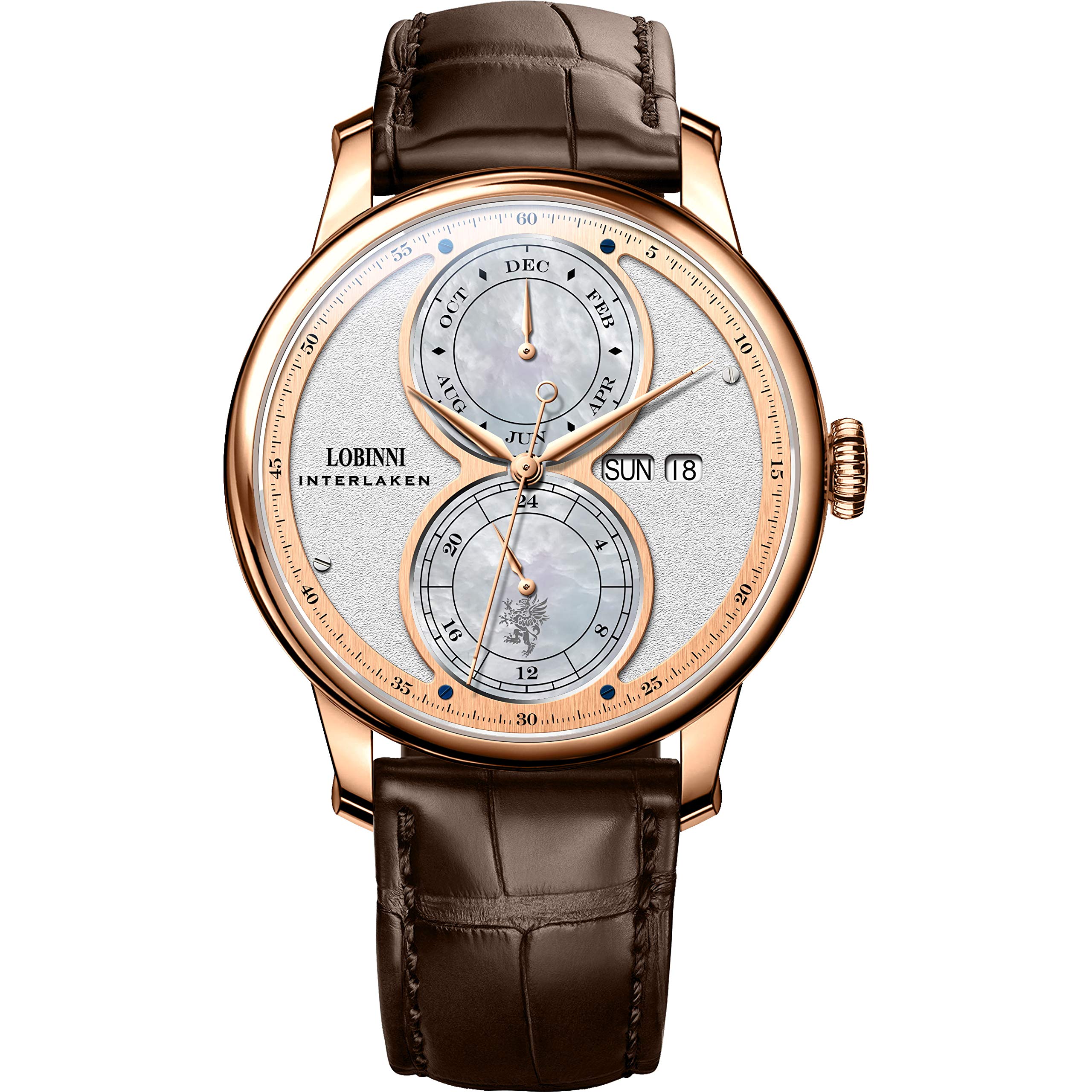 LOBINNI Luxury Automatic Watch for Men - 50M Waterproof Mechanical Dress Watch with Leather Band, Rose Gold Case & White Dial (Month/Week/Date Functions) | Perfect for Business, Formal Events & Everyday Wear