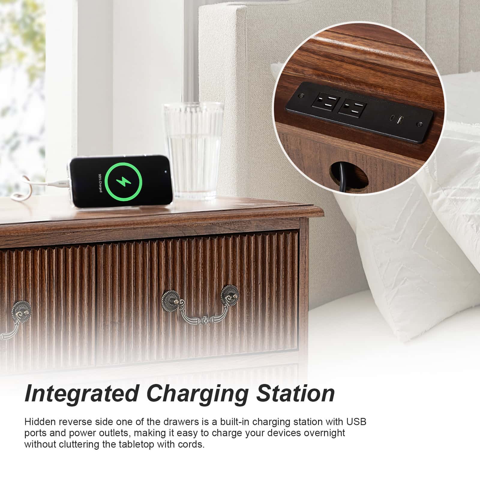 Rustic 3-Drawer Nightstand with USB Charging Station - Solid Wood Bedside Table for Bedroom, Living Room & Guest Room | Galatea Optional Types