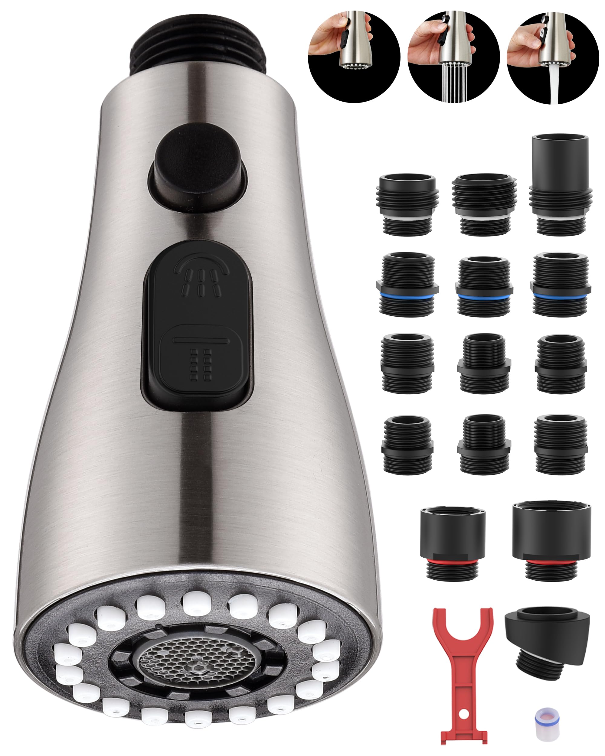 15 Adapters Kitchen Faucet Spray Head - 3 Functions Pull Down Sprayer for Sink, Brushed Nickel (Ideal for Home & Restaurant Kitchens)