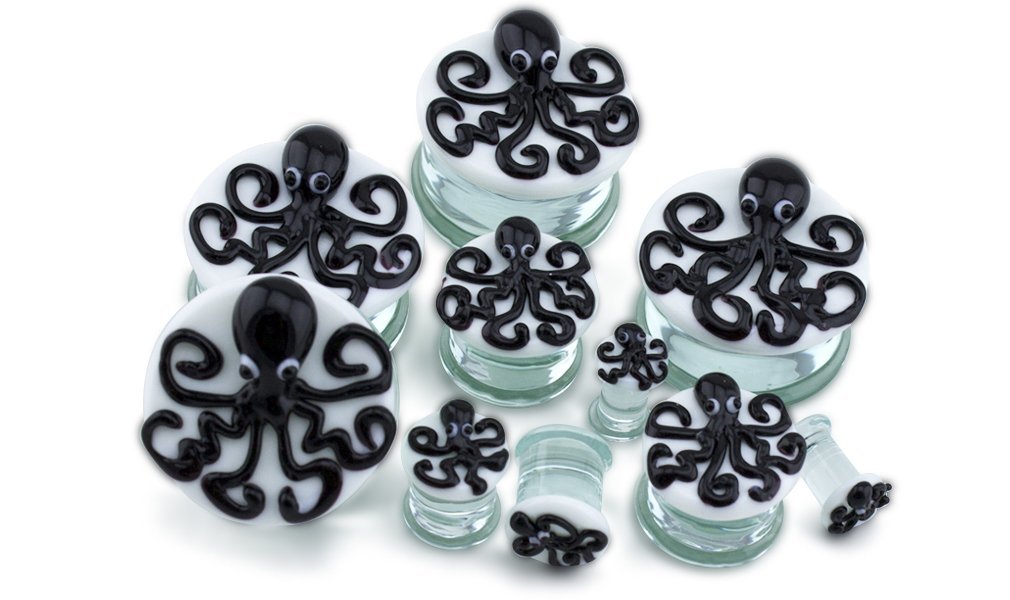 Black Octopus Glass Plugs & Gauges for Ear Stretching - 1 Inch (25mm) Body Jewelry - 1 Pair (2pc) - Perfect for Urban Style & Alternative Fashion
