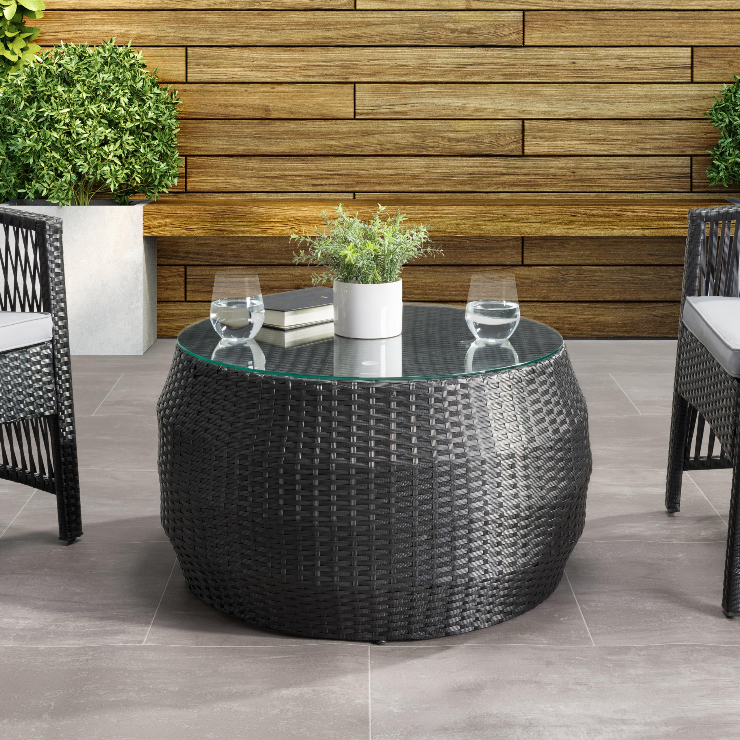 CorLiving Parksville Black Wicker Rattan Round Coffee Table with Tempered Glass Top - Perfect for Living Room, Patio, and Outdoor Decor