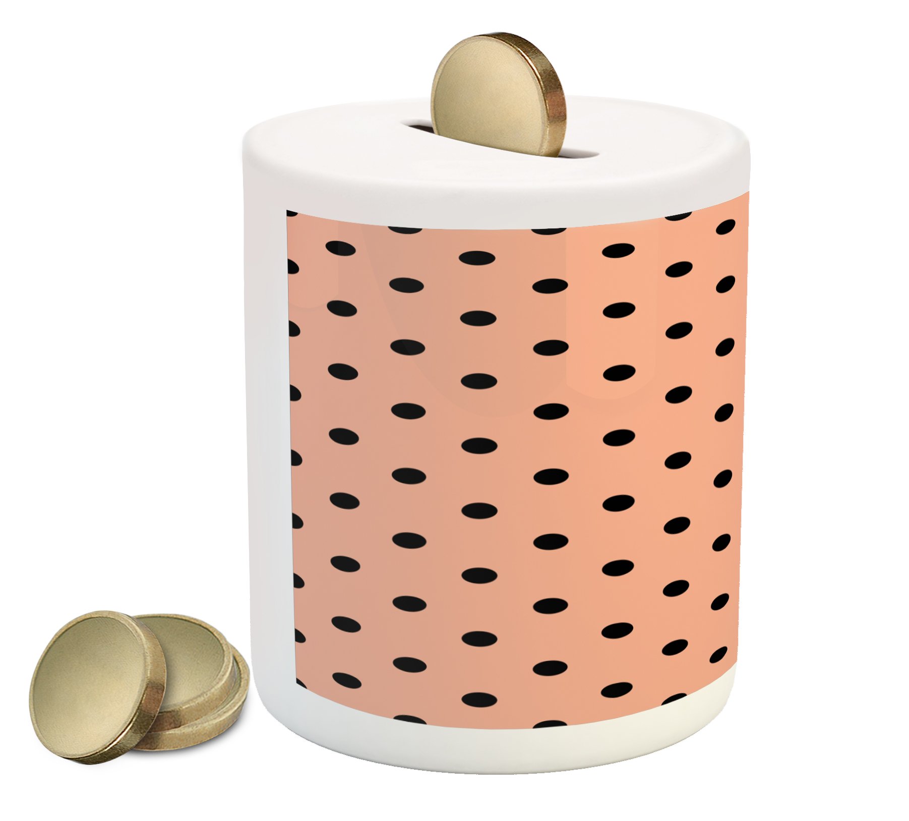 Ambesonne Peach Piggy Bank - Ceramic Money Box with Black Polka Dots & Soft Colored Background, European Abstract Design for Cash Savings | Perfect Gift for Kids, Home Decor & Coin Collection
