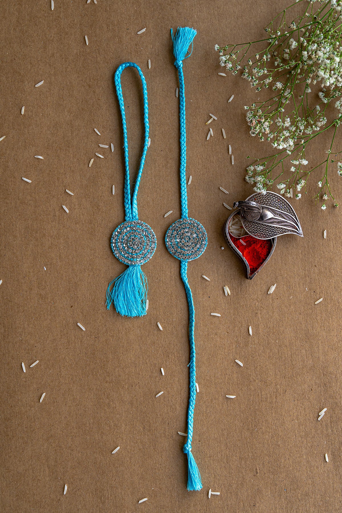 Blue Diamond Wheel Embroidered Rakhi and Lumba Set - Traditional Indian Rakhi Bracelet for Brothers & Sisters - Perfect for Raksha Bandhan Festival Gifts
