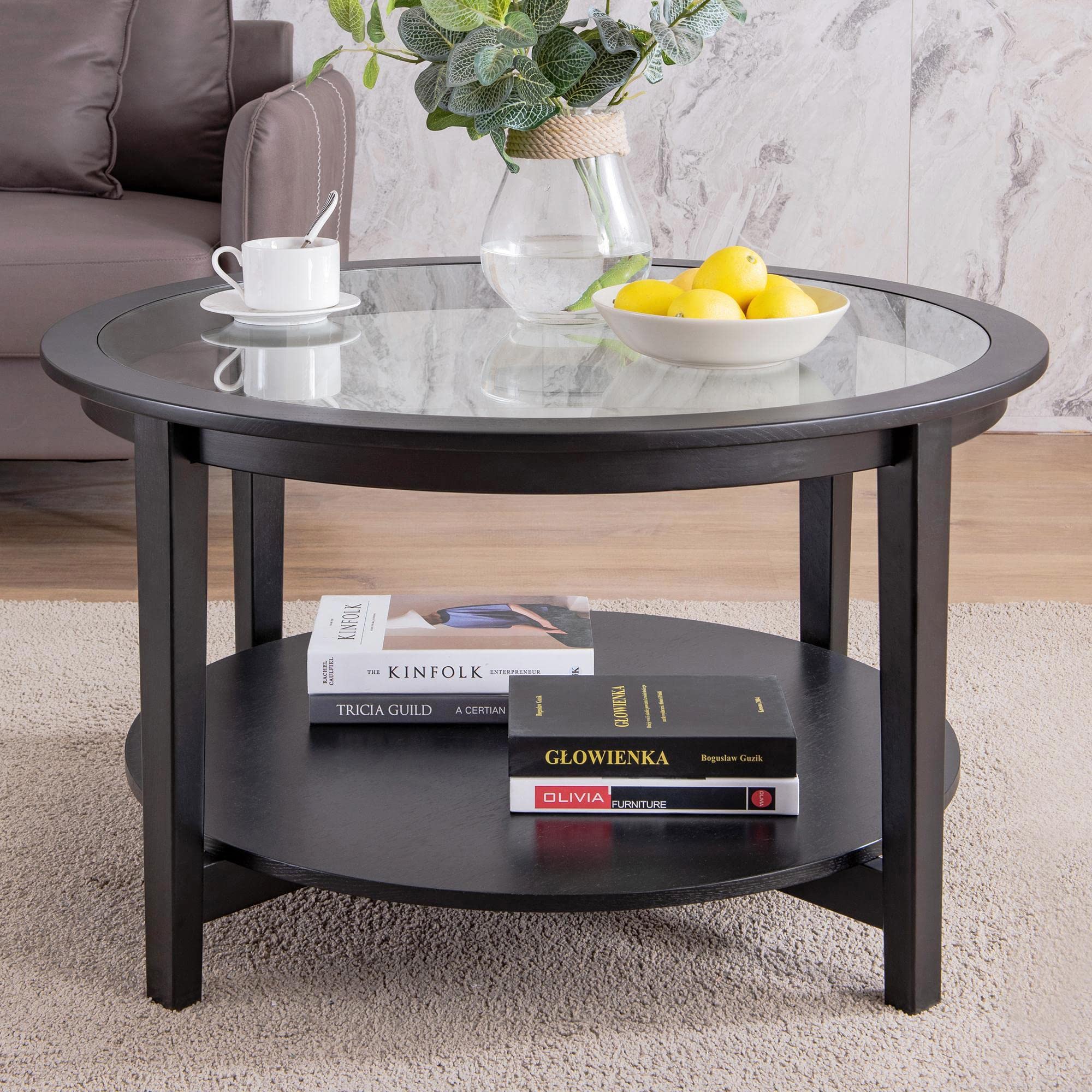 SEEGOOL 36 Inch Round Coffee Table with Storage - Rustic Tempered Glass Top & Solid Wood Frame - Perfect for Living Room, Lounge, or Clearance Spaces