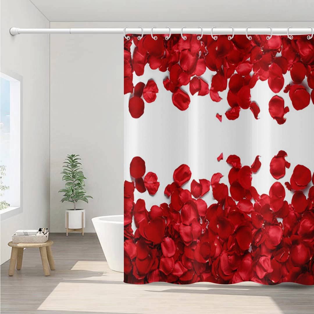 Valentine's Day Rose Shower Curtain - Waterproof Floral Bathroom Decor with Hooks, 72x72 Inch - Romantic Red Rose Design for Couples Gift & Master Bathroom Upgrade